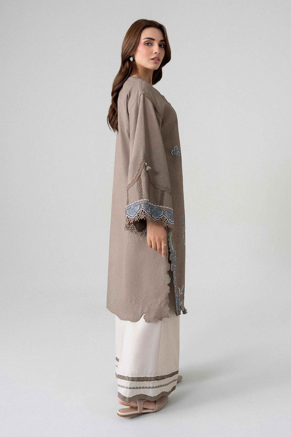 Brown 2-Piece Embroidered Suit in Karandi unstitched