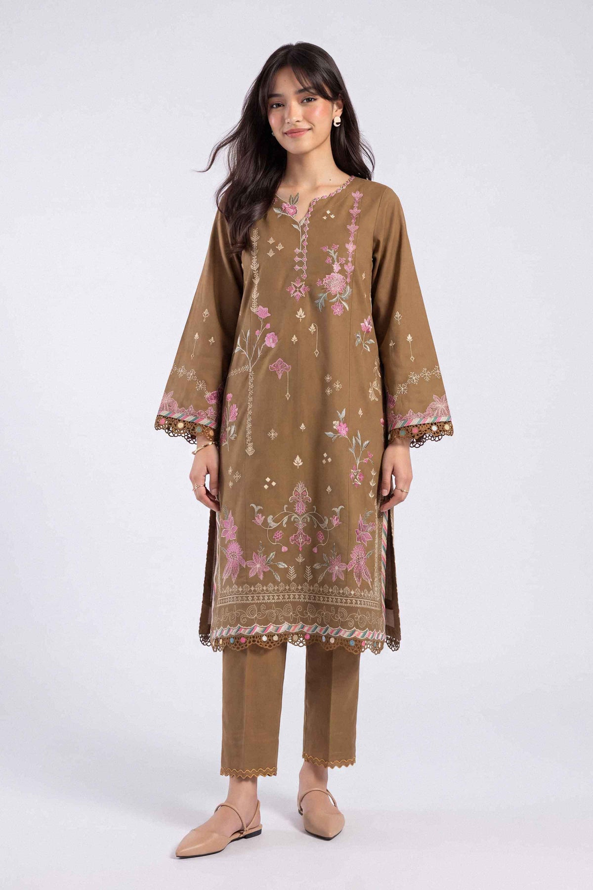 Brown 2-Piece Embroidered Suit in Cotton unstitched