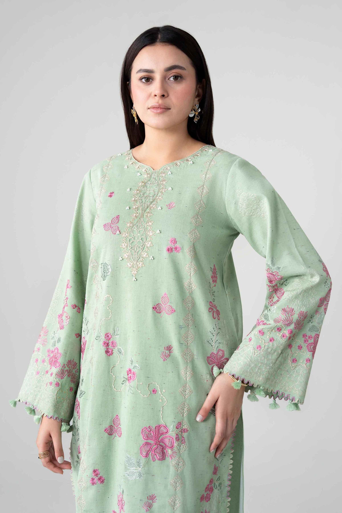 Green 2-Piece Embroidered Suit in Multi Neps unstitched