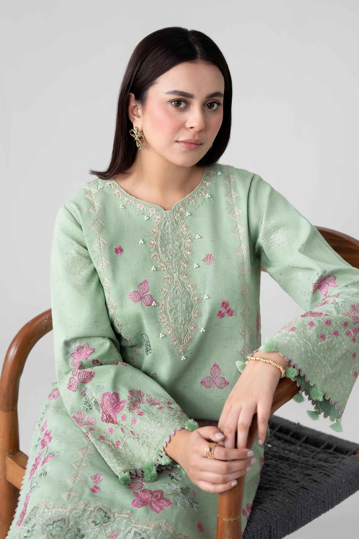 Green 2-Piece Embroidered Suit in Multi Neps unstitched