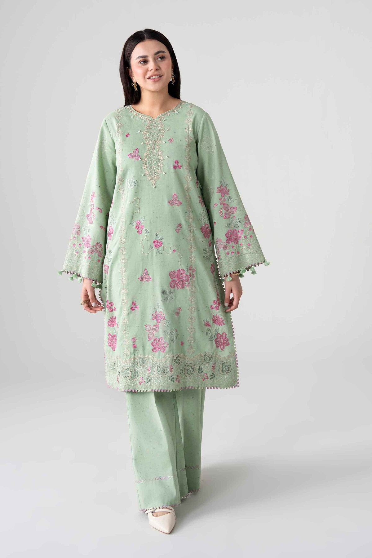 Green 2-Piece Embroidered Suit in Multi Neps unstitched
