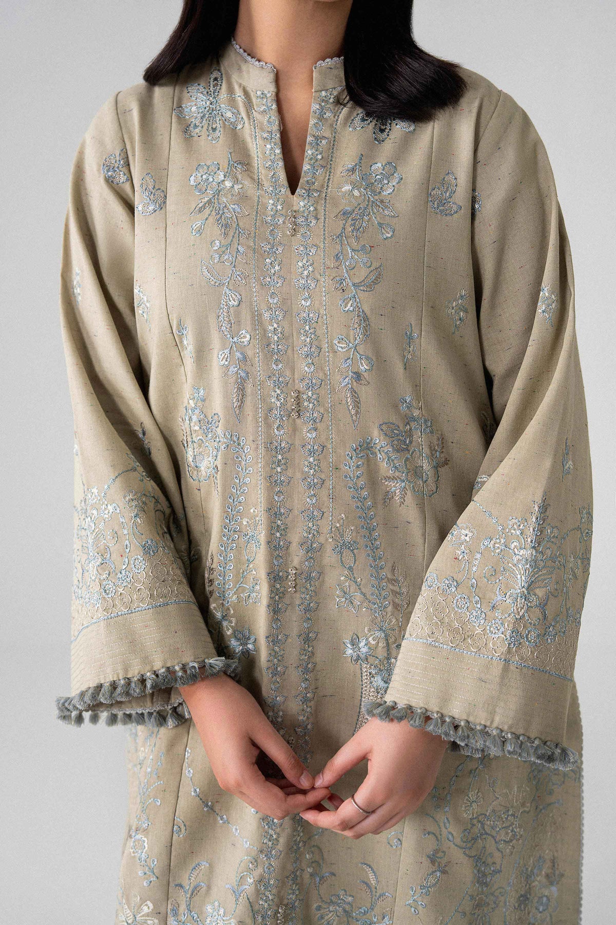 Beige 2-Piece Embroidered Suit in Multi Neps unstitched
