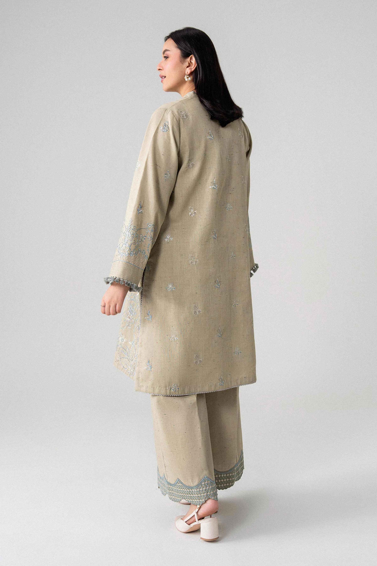 Beige 2-Piece Embroidered Suit in Multi Neps unstitched