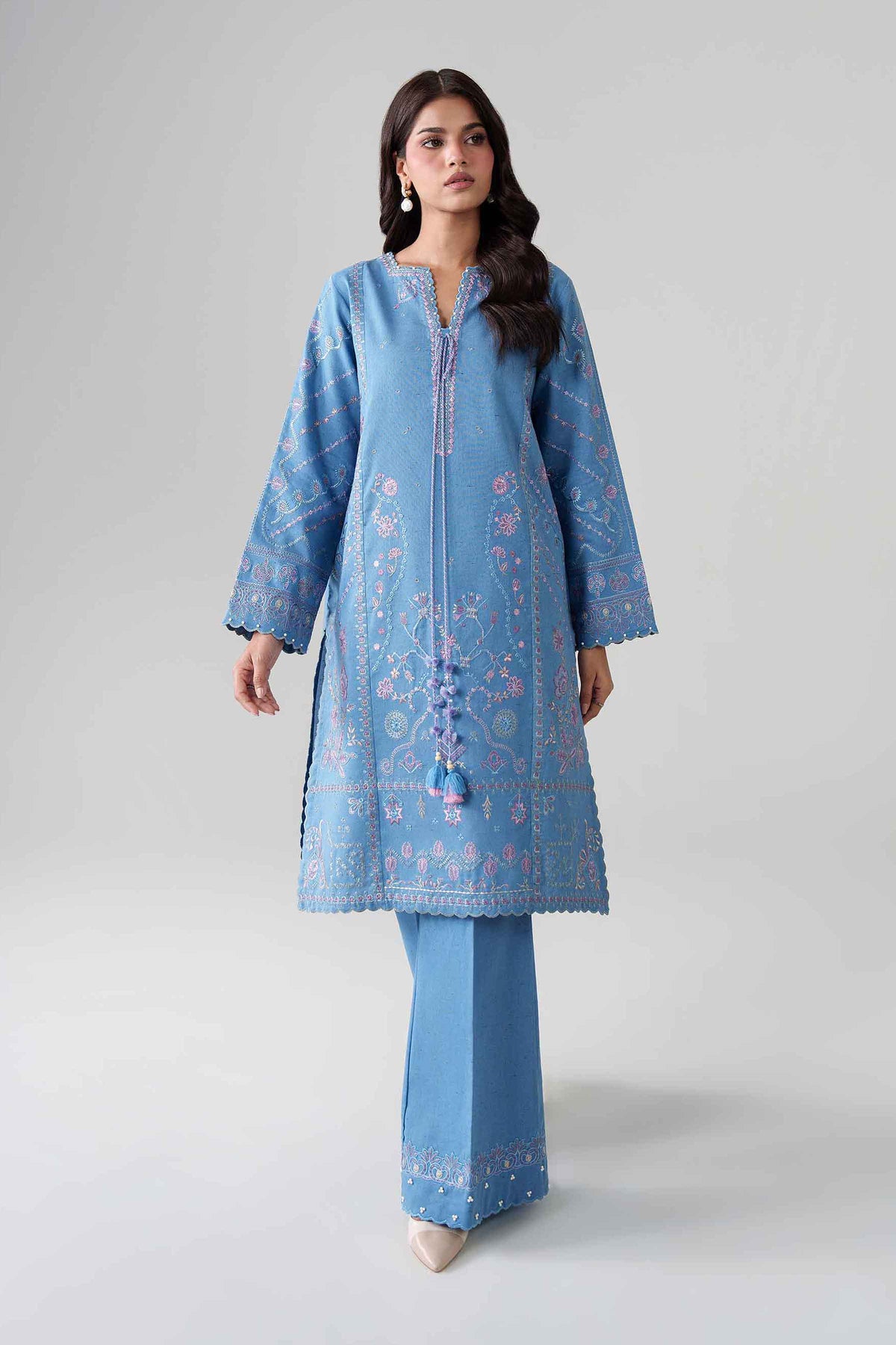 Blue 2-Piece Embroidered Suit in Multi Neps unstitched