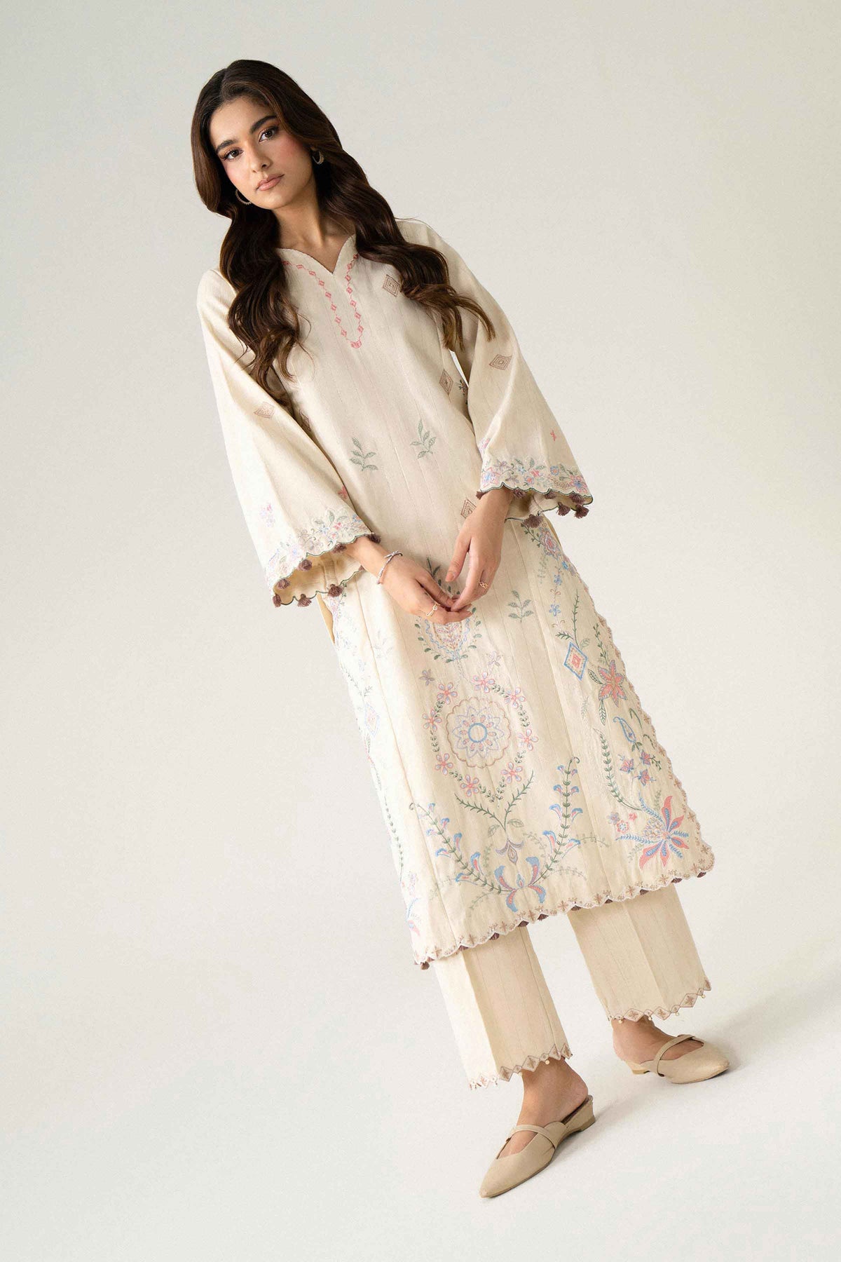 Beige 2-Piece Embroidered Suit in Irish Multi unstitched