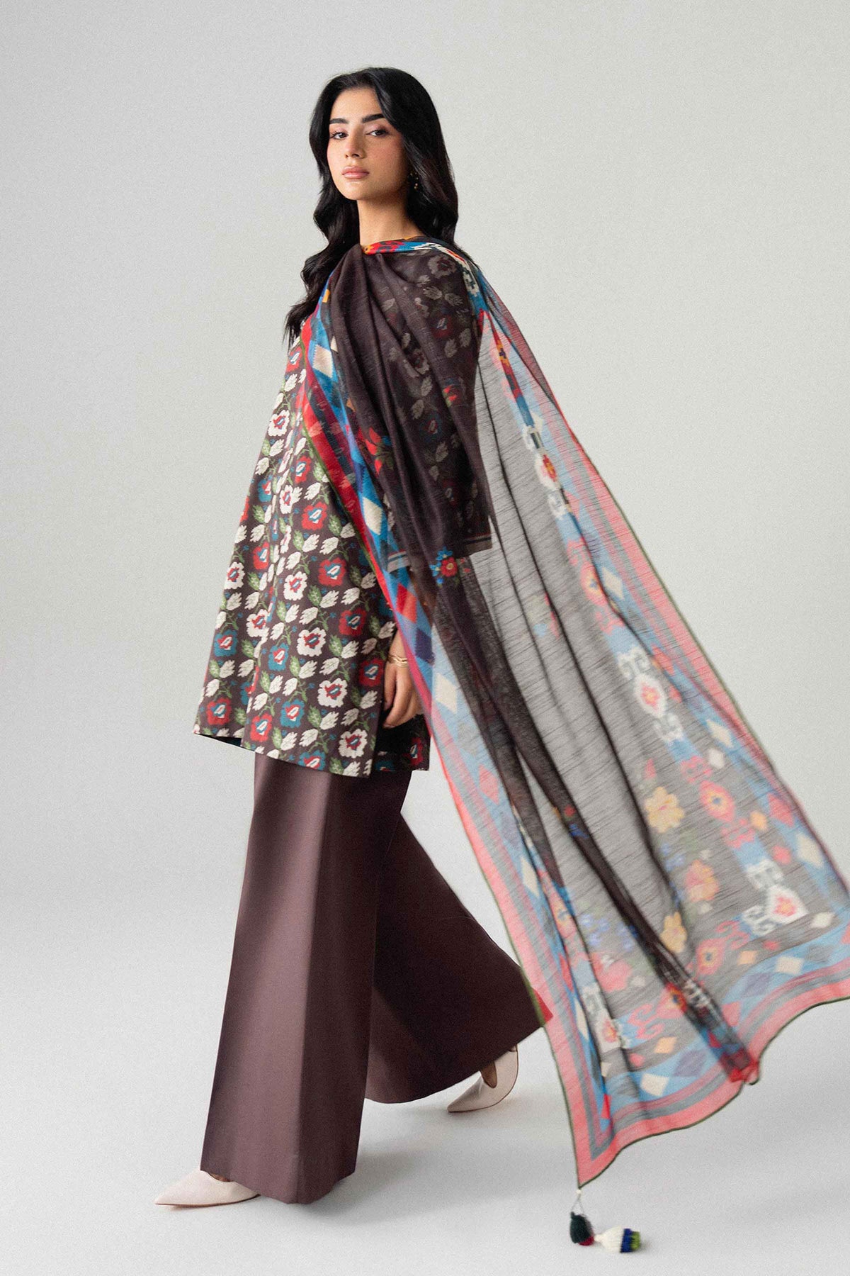 Brown 3-Piece Digital Printed Suit in Lawn unstitched