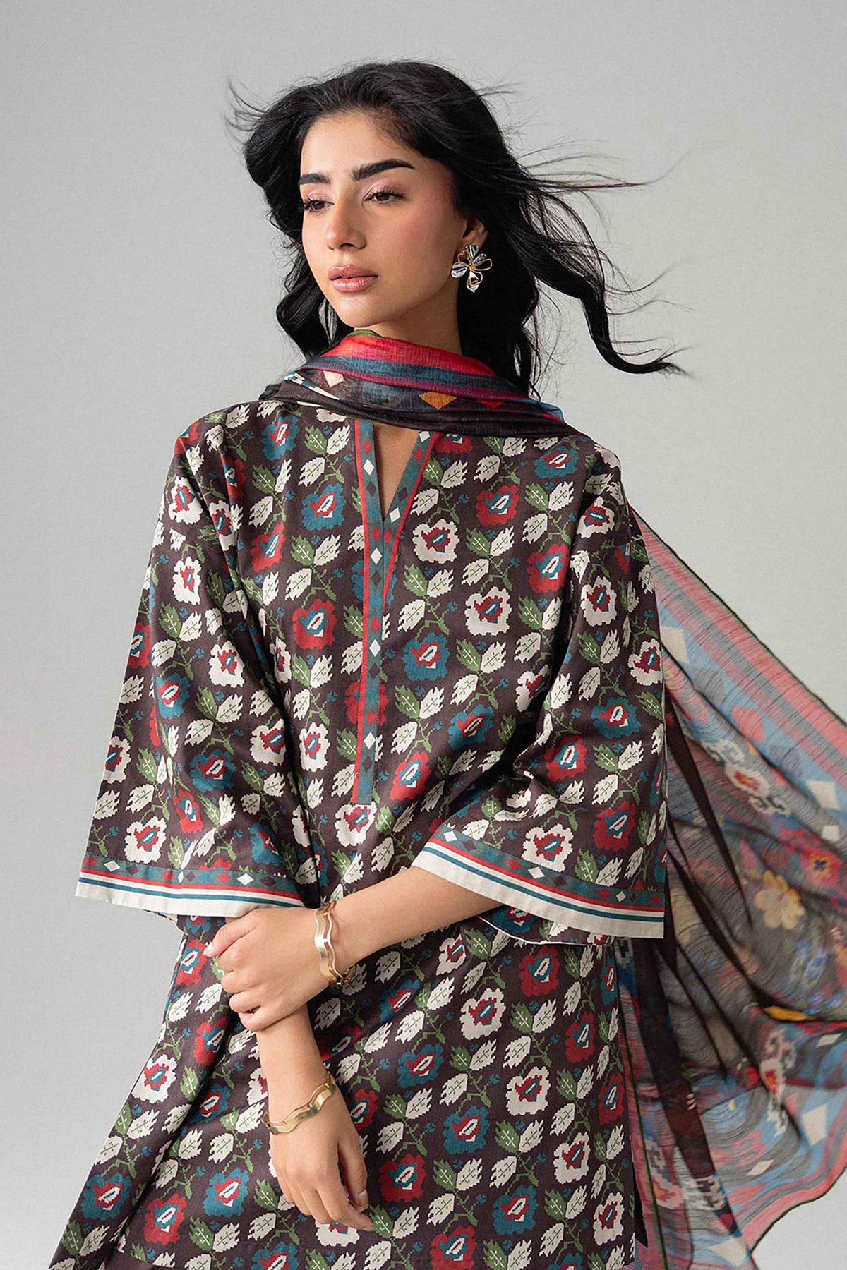 Brown 3-Piece Digital Printed Suit in Lawn unstitched