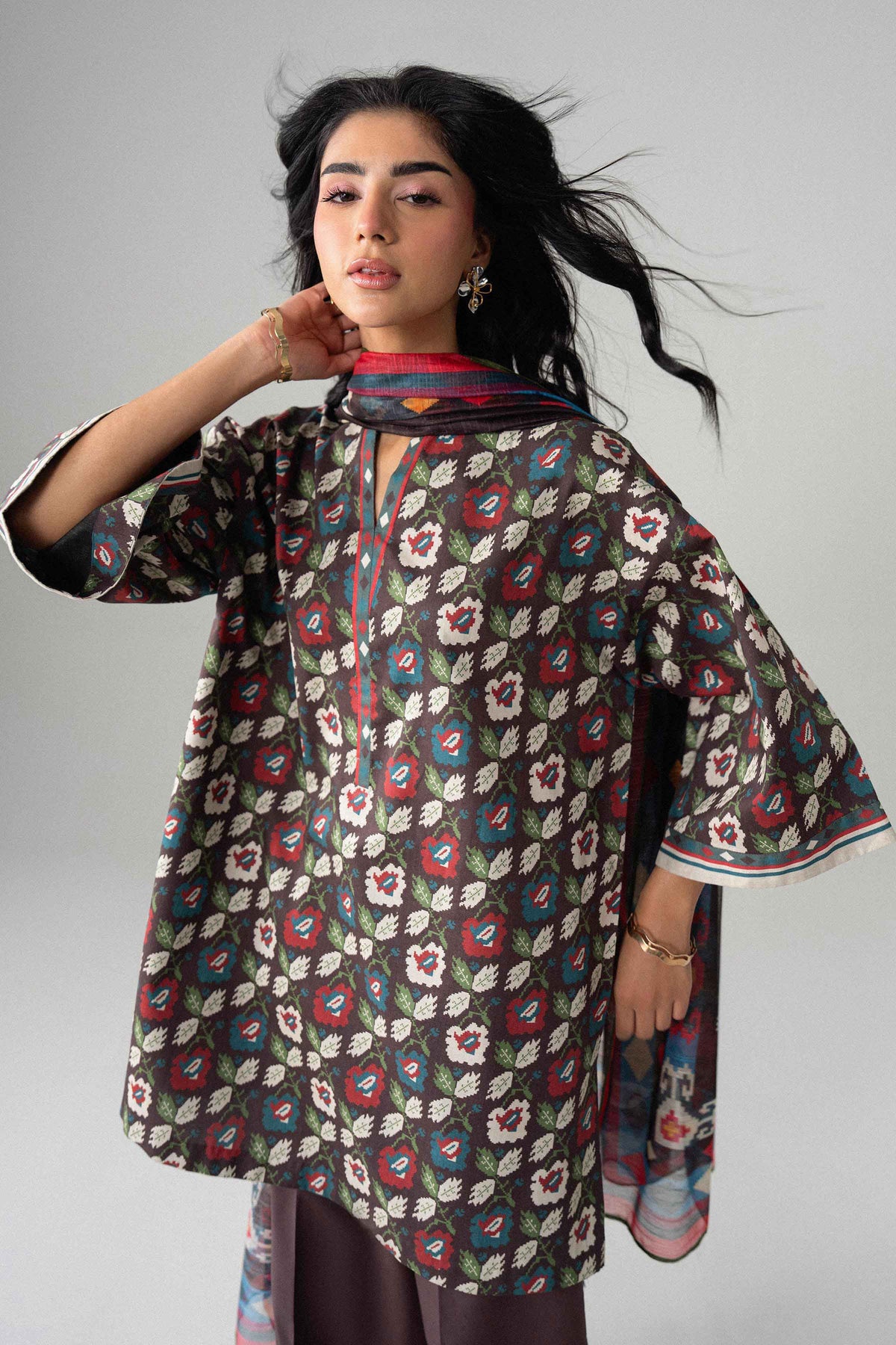 Brown 3-Piece Digital Printed Suit in Lawn unstitched