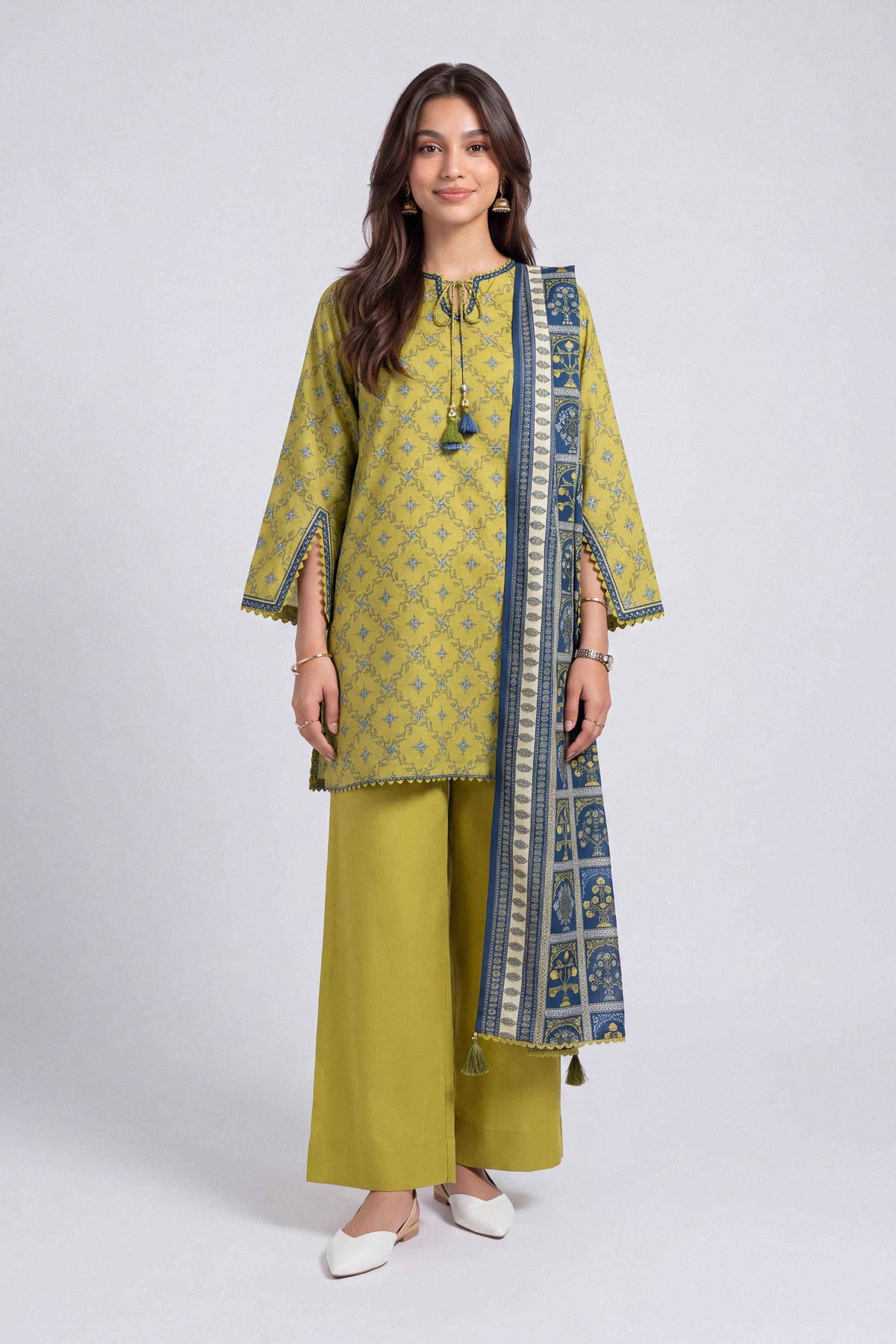 Yellow 3-Piece Printed Suit in Linen unstitched