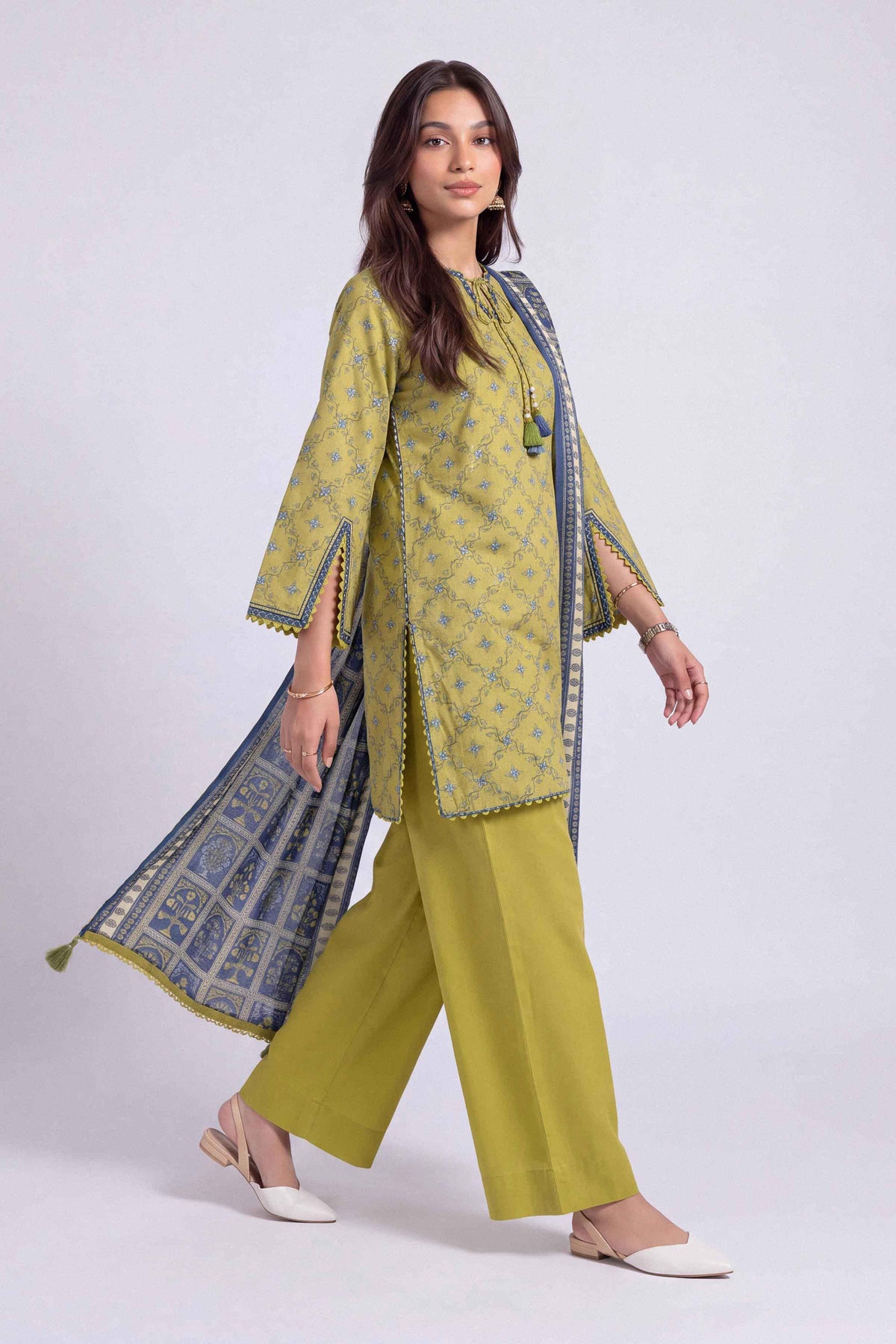 Yellow 3-Piece Printed Suit in Linen unstitched