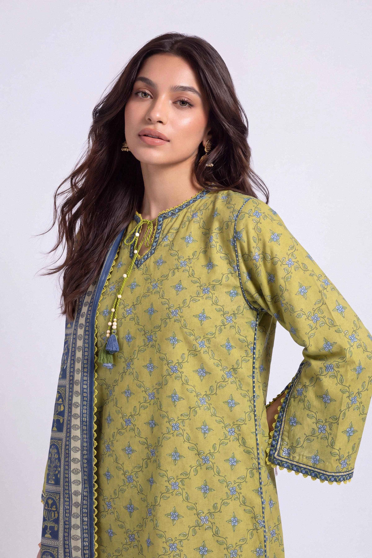 Yellow 3-Piece Printed Suit in Linen unstitched