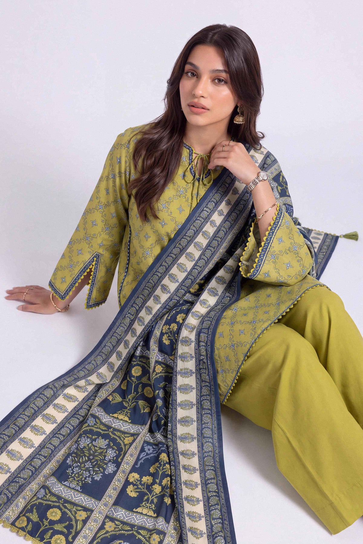 Yellow 3-Piece Printed Suit in Linen unstitched