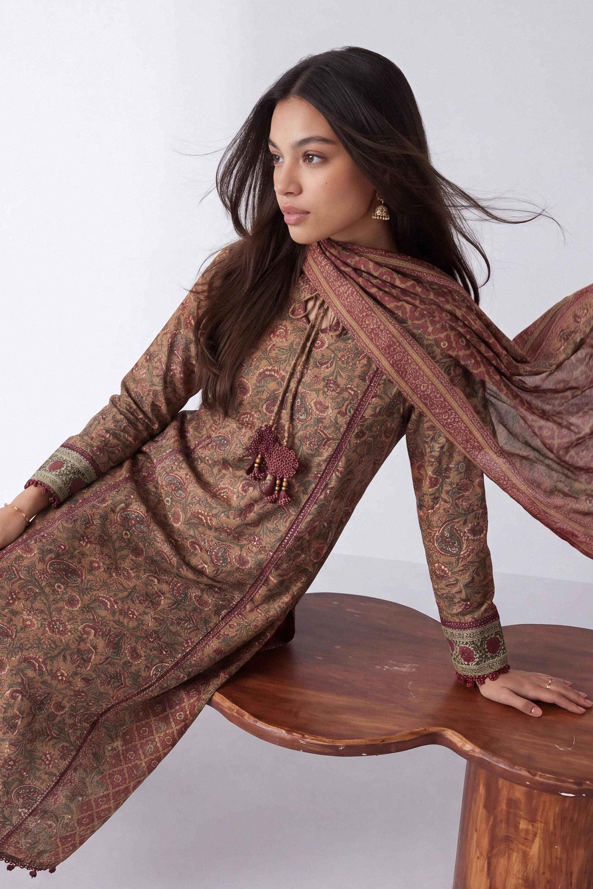 Brown 3-Piece Printed Suit in Linen unstitched