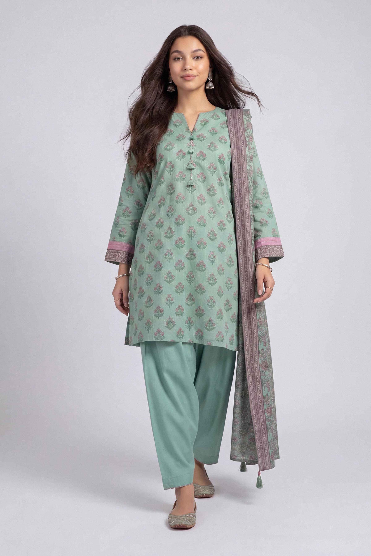 Green 3-Piece Printed Suit in Linen unstitched