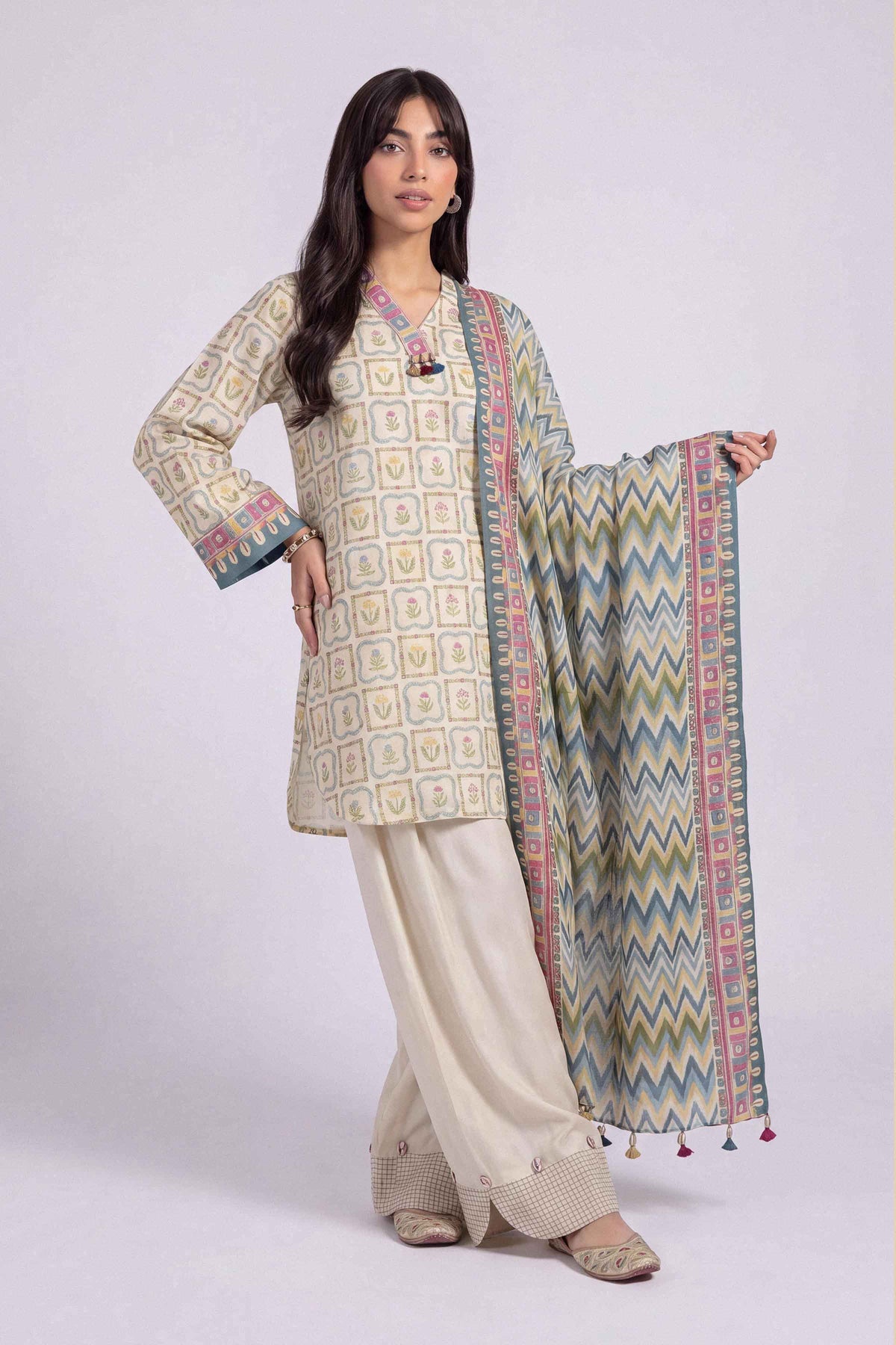 Beige 3-Piece Printed Suit in Linen unstitched