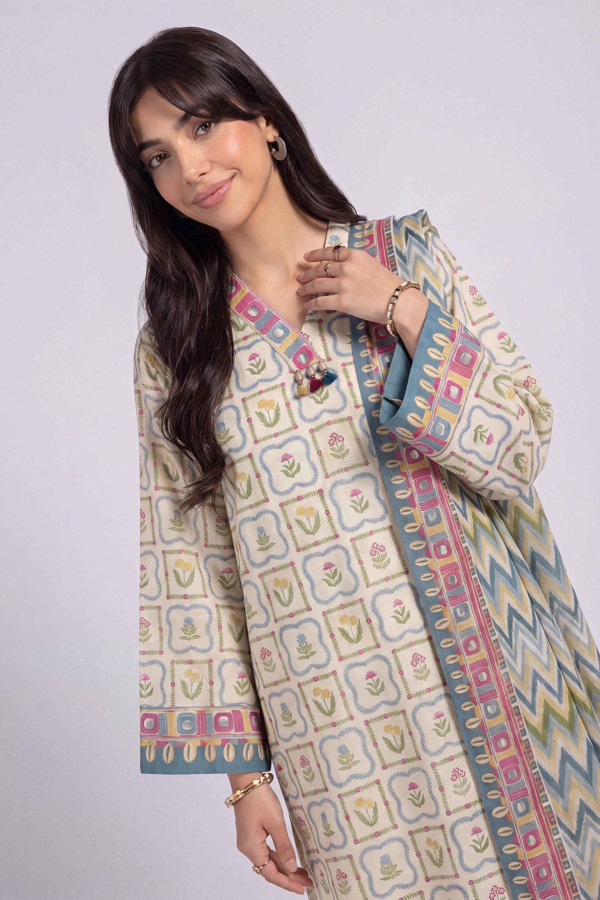 Beige 3-Piece Printed Suit in Linen unstitched