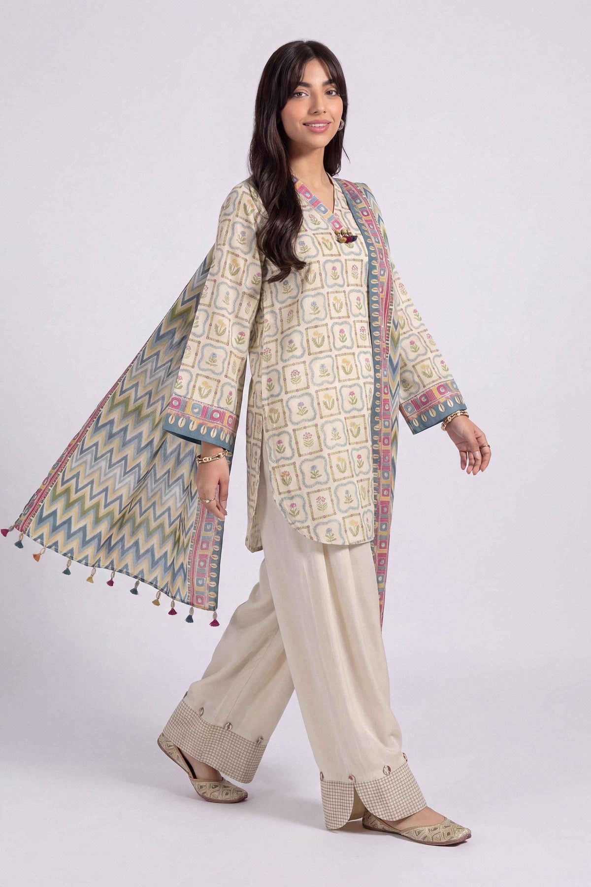 Beige 3-Piece Printed Suit in Linen unstitched