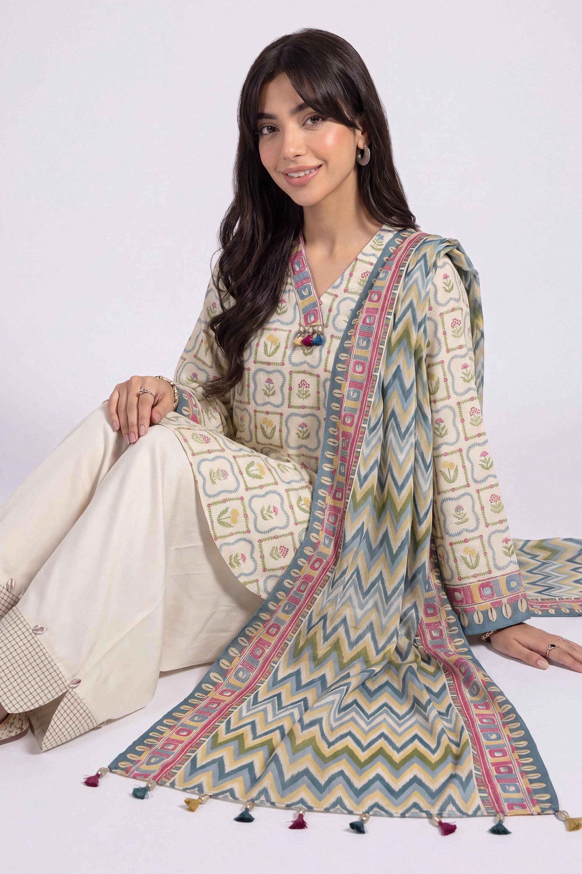 Beige 3-Piece Printed Suit in Linen unstitched