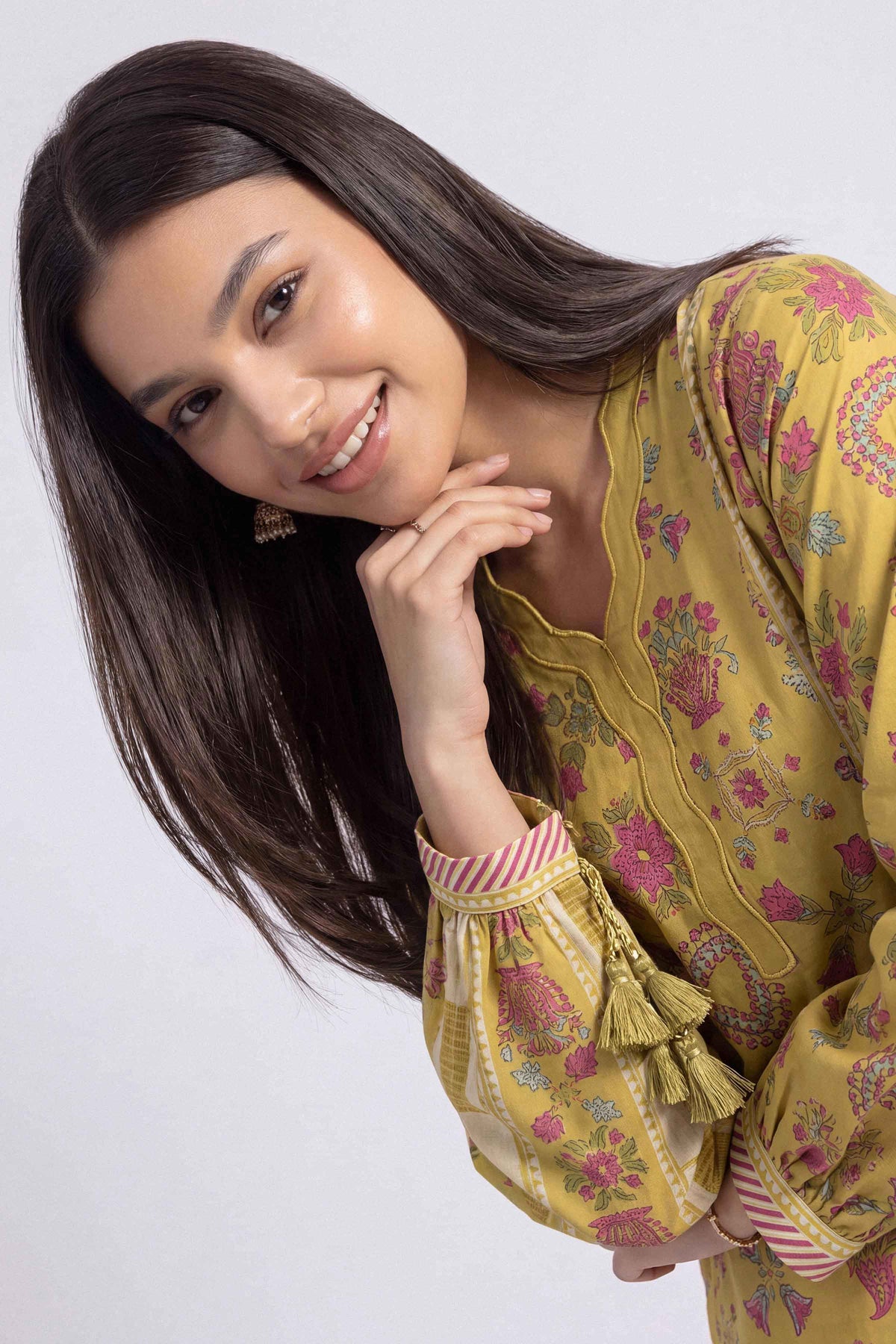 Yellow 3-Piece Printed Suit in Linen unstitched
