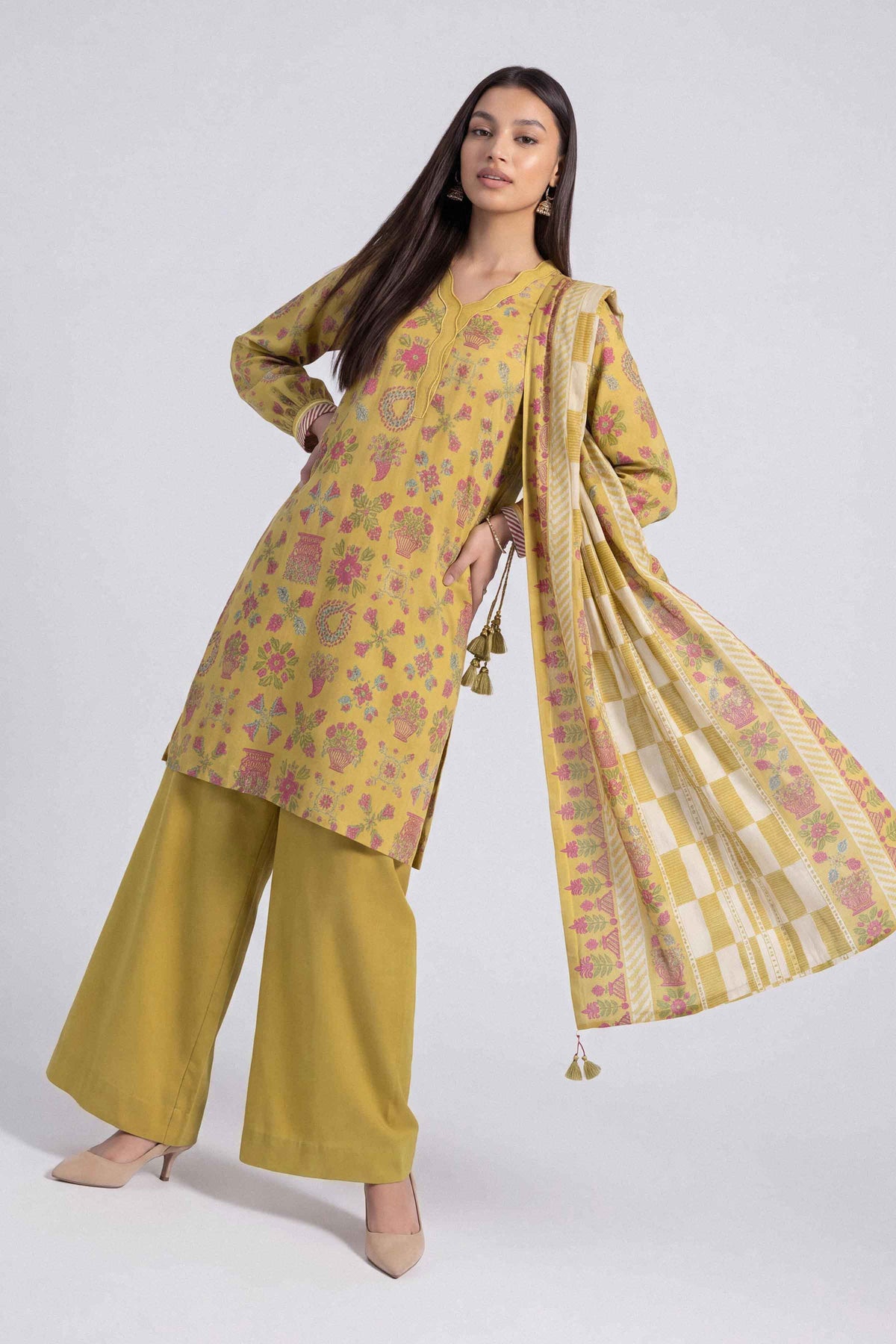 Yellow 3-Piece Printed Suit in Linen unstitched