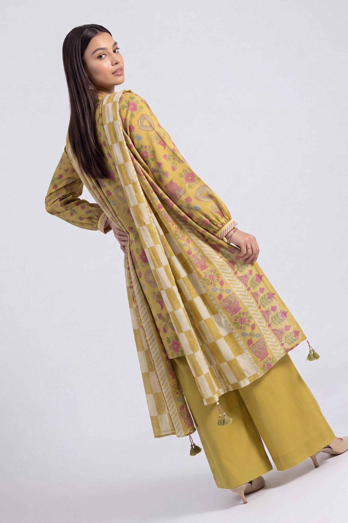 Yellow 3-Piece Printed Suit in Linen unstitched