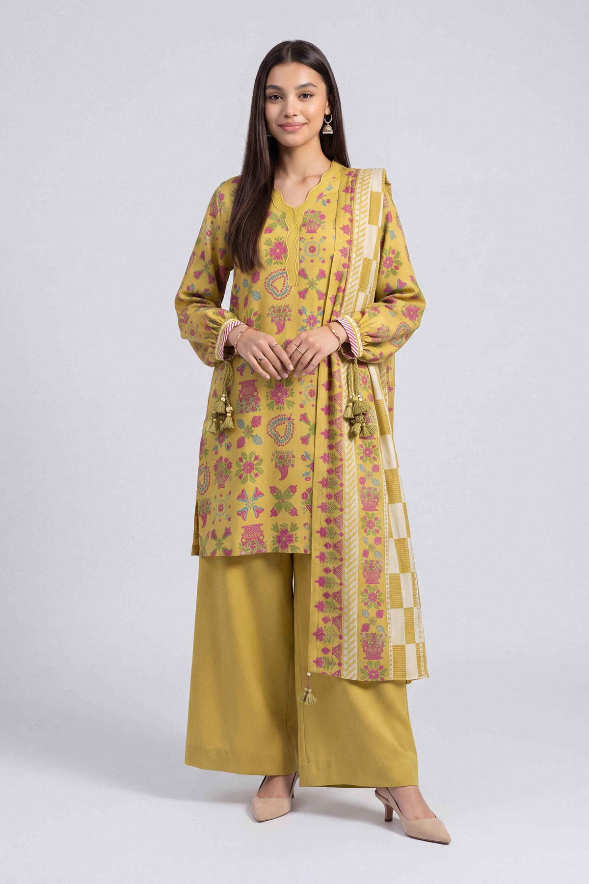 Yellow 3-Piece Printed Suit in Linen unstitched