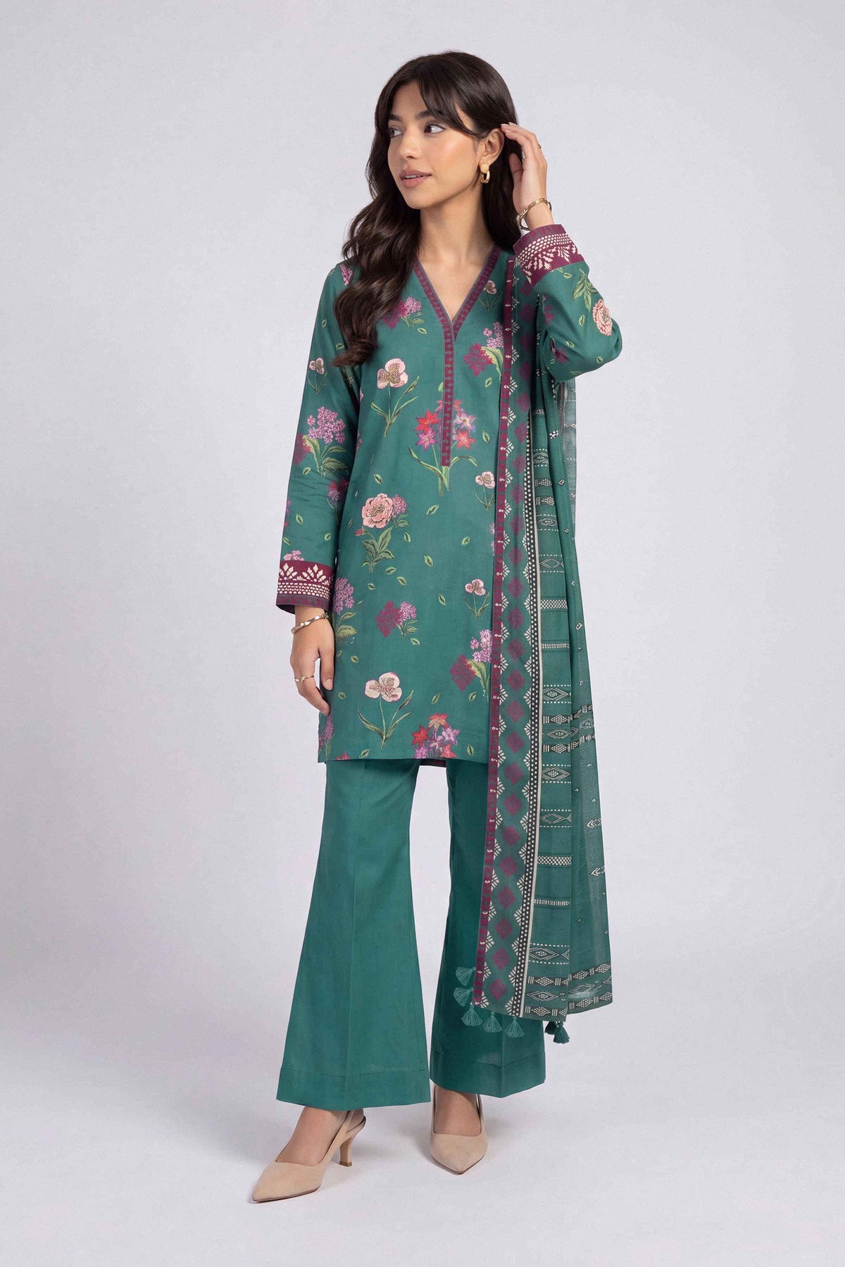 Green 3-Piece Printed Suit in Linen unstitched