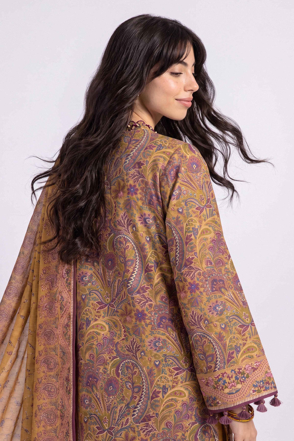 Yellow 3-Piece Printed Suit in Khaddar unstitched