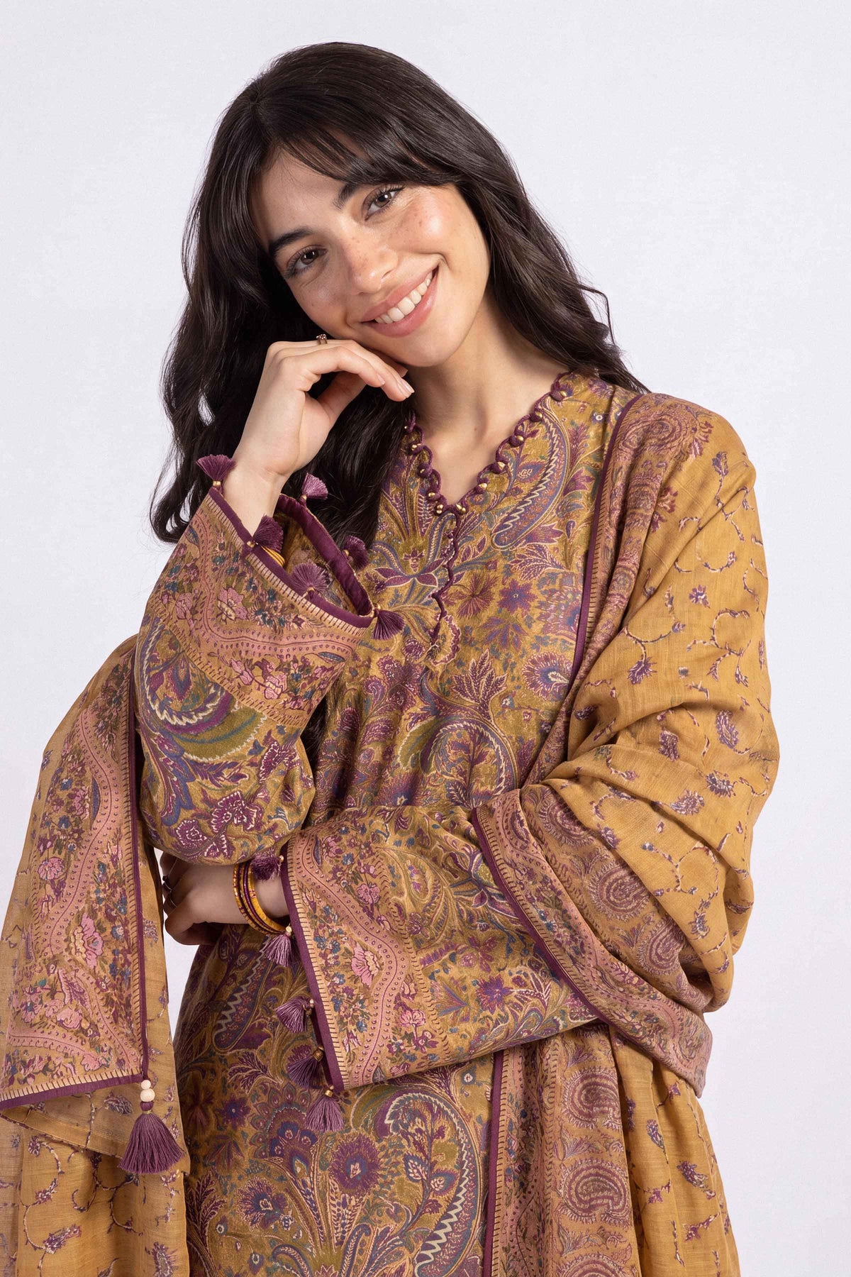 Yellow 3-Piece Printed Suit in Khaddar unstitched