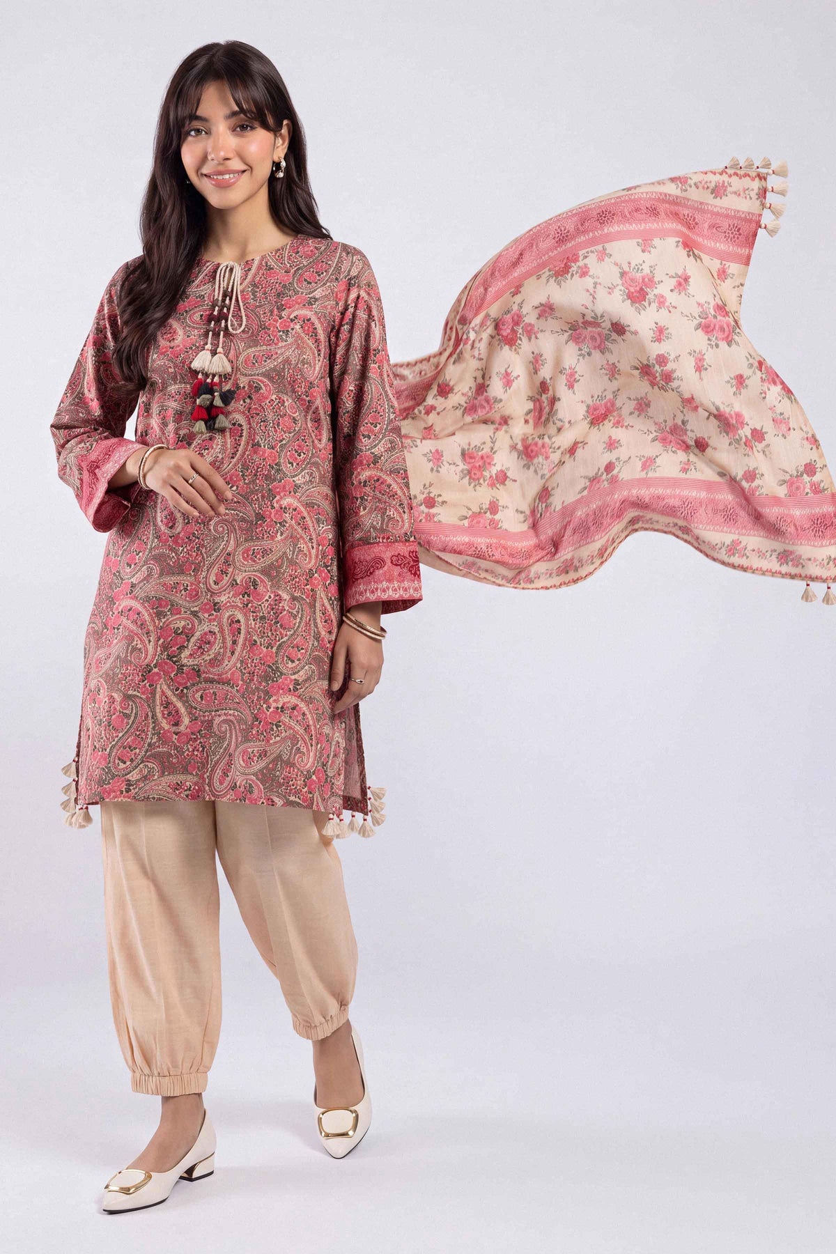 Pink 3-Piece Printed Suit in Khaddar unstitched