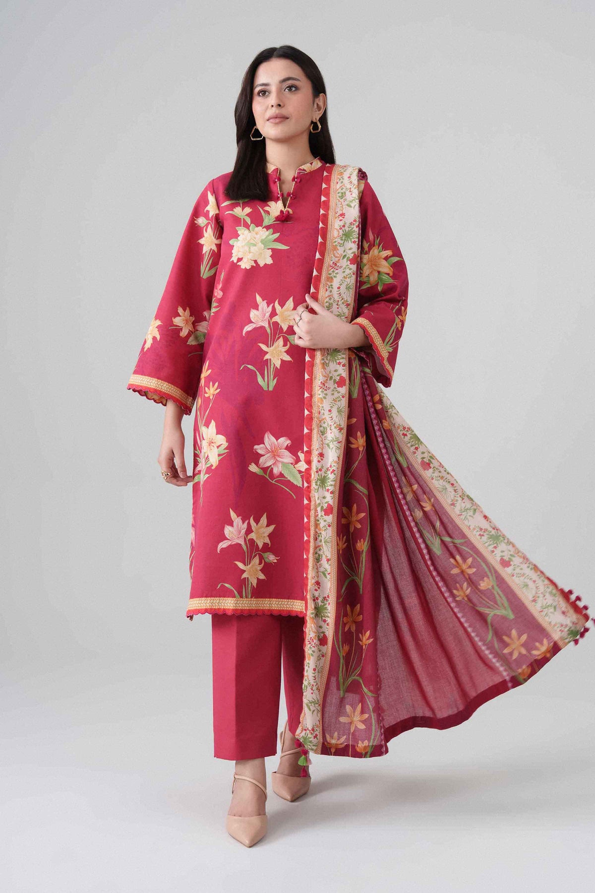Red 3-Piece Digital Printed Suit in Khaddar unstitched