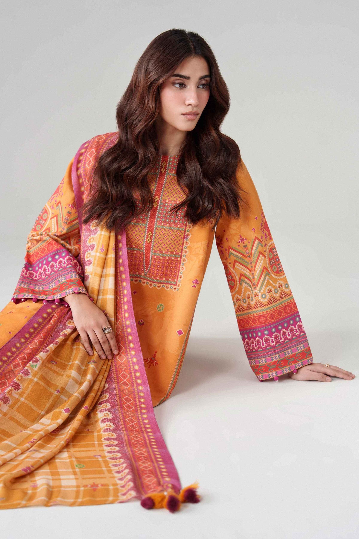 Yellow 3-Piece Digital Printed Suit in Khaddar unstitched