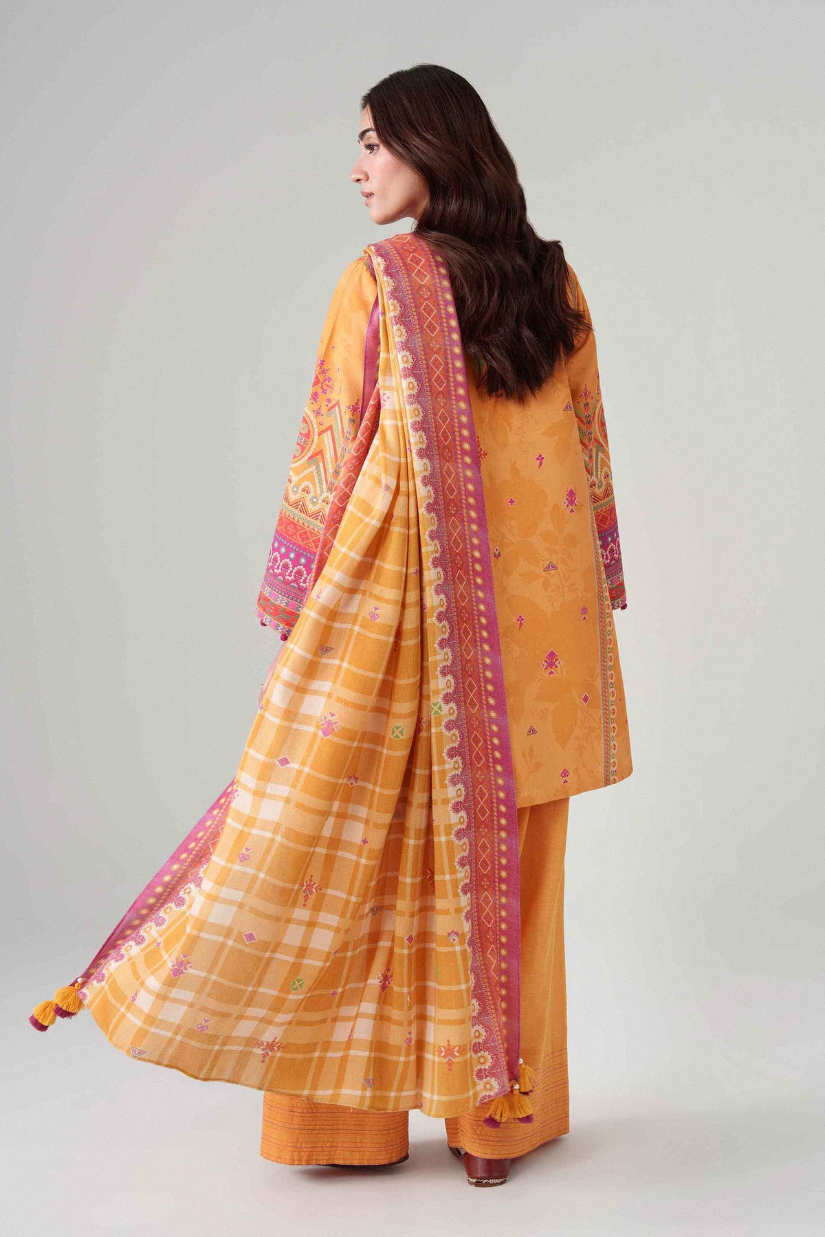 Yellow 3-Piece Digital Printed Suit in Khaddar unstitched