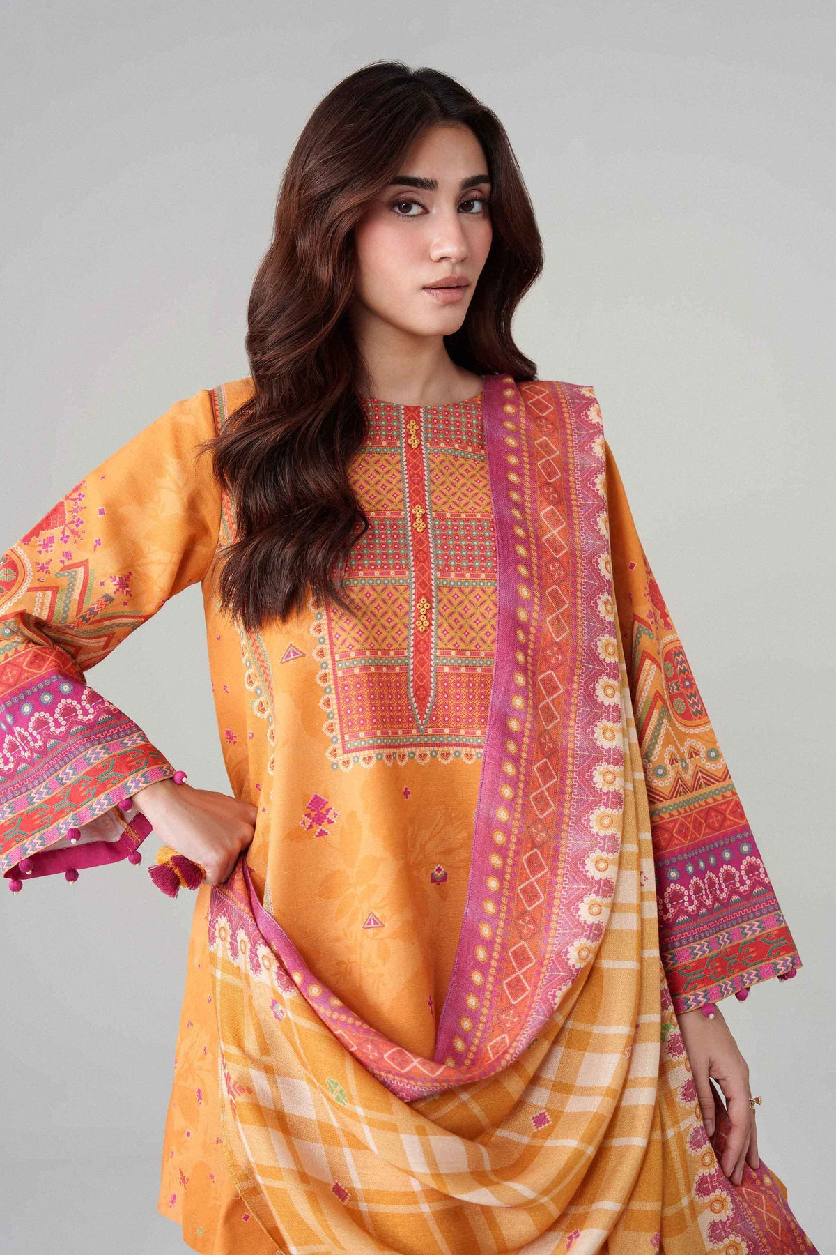 Yellow 3-Piece Digital Printed Suit in Khaddar unstitched