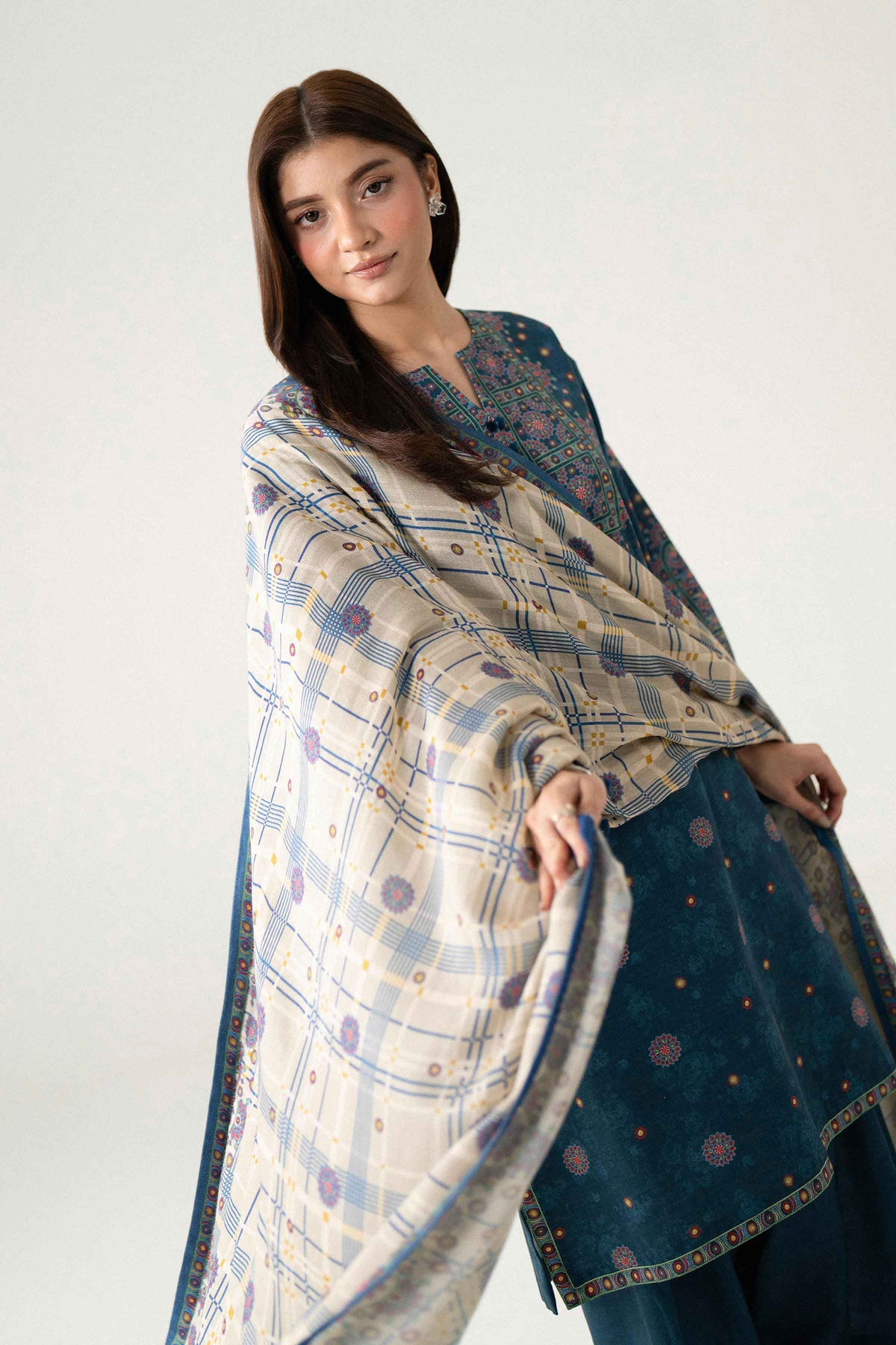 Blue 3-Piece Digital Printed Suit in Khaddar unstitched
