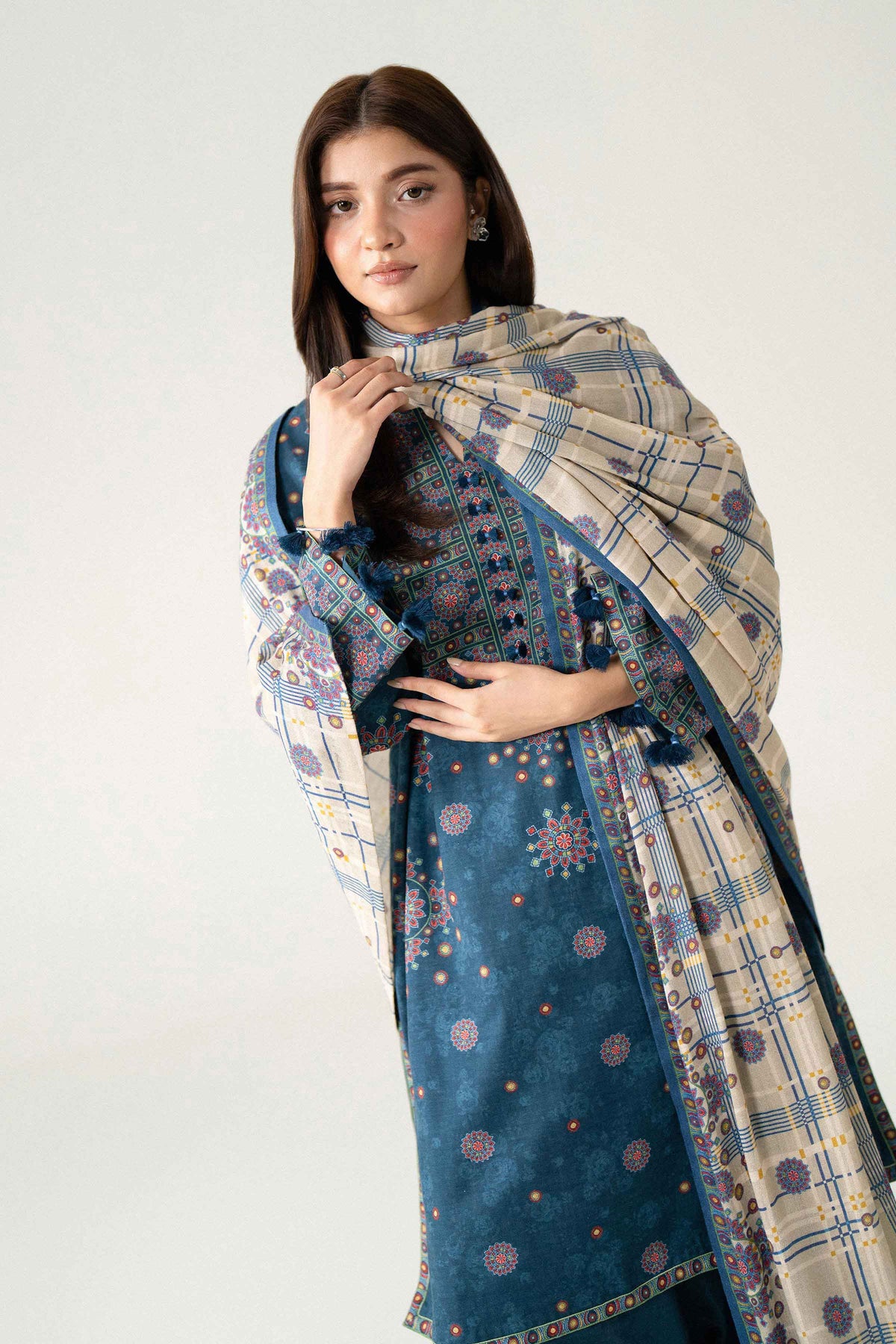 Blue 3-Piece Digital Printed Suit in Khaddar unstitched