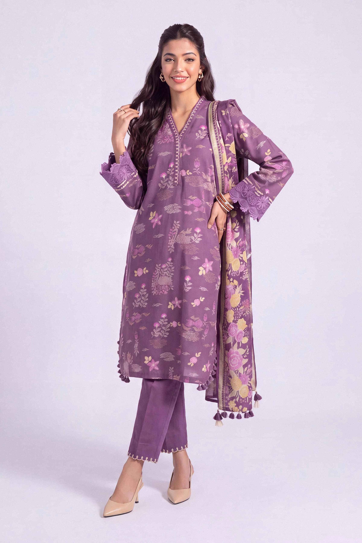 Purple 3-Piece Printed Embroidered Suit in Khaddar unstitched