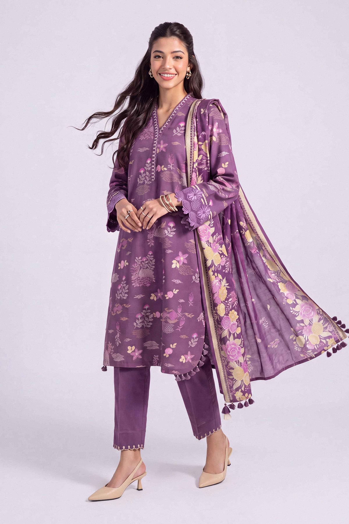 Purple 3-Piece Printed Embroidered Suit in Khaddar unstitched