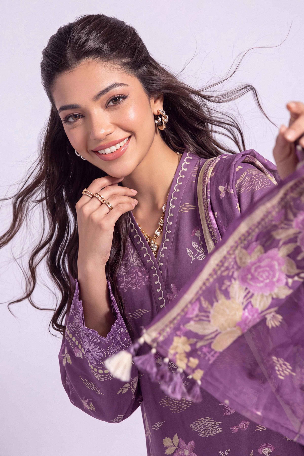 Purple 3-Piece Printed Embroidered Suit in Khaddar unstitched
