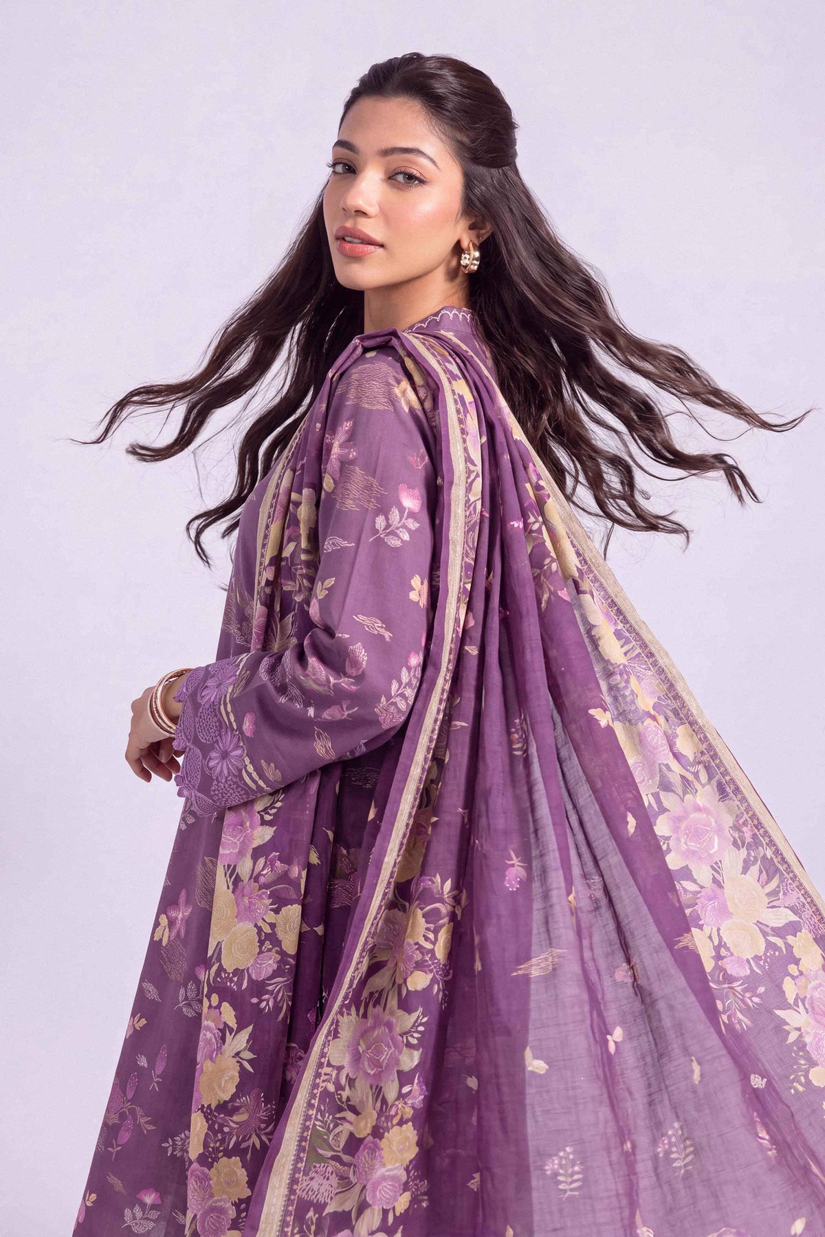 Purple 3-Piece Printed Embroidered Suit in Khaddar unstitched