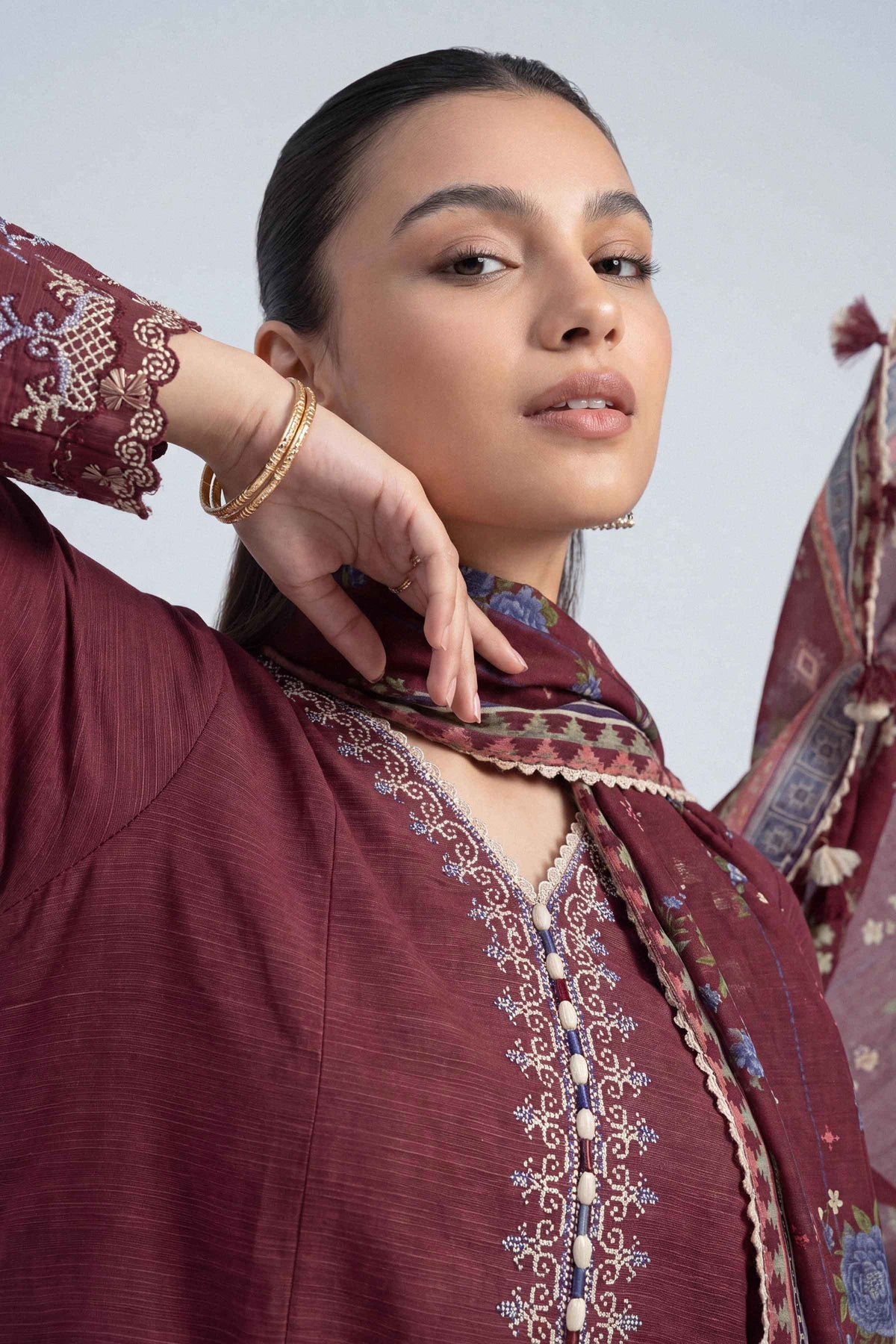Maroon 3-Piece Printed Embroidered Suit in Khaddar unstitched