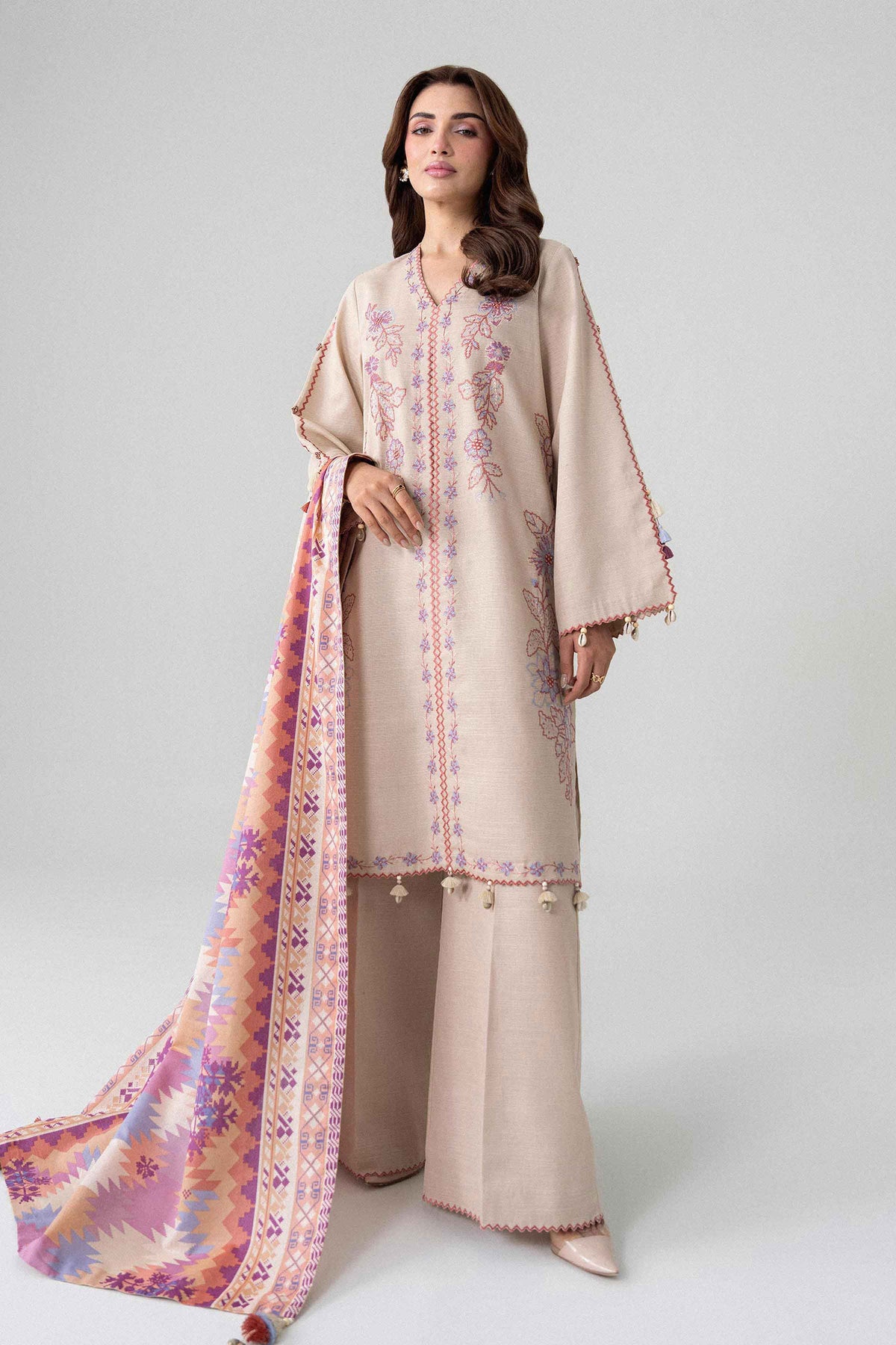 Beige 3-Piece Printed Embroidered Suit in Khaddar unstitched