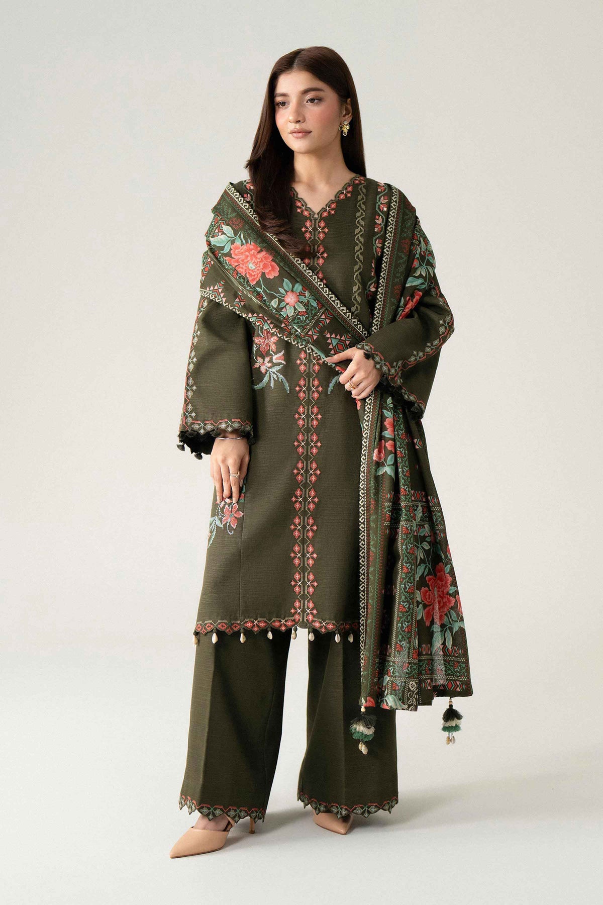 Green 3-Piece Printed Embroidered Suit in Khaddar unstitched