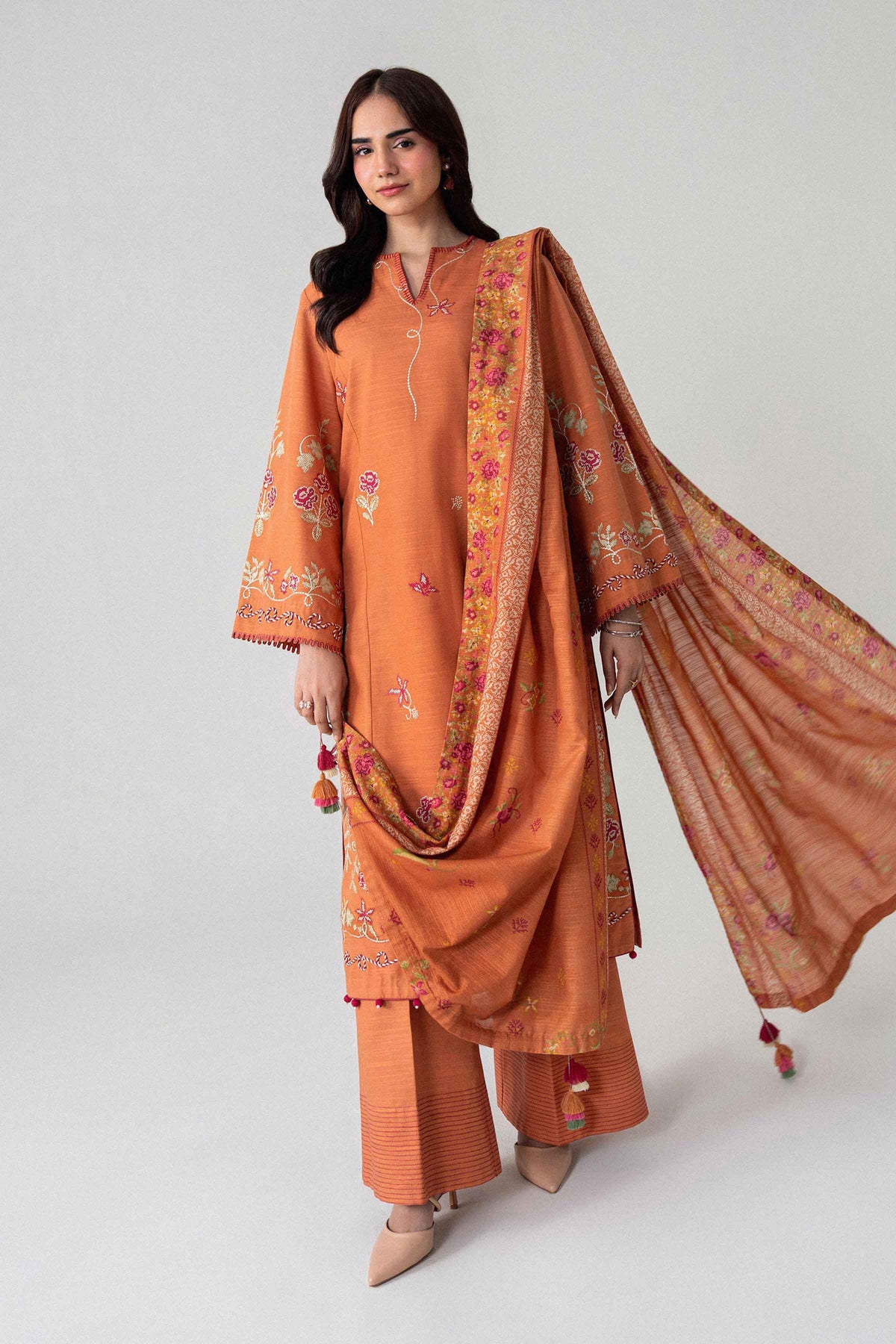 Orange 3-Piece Printed Embroidered Suit in Khaddar unstitched