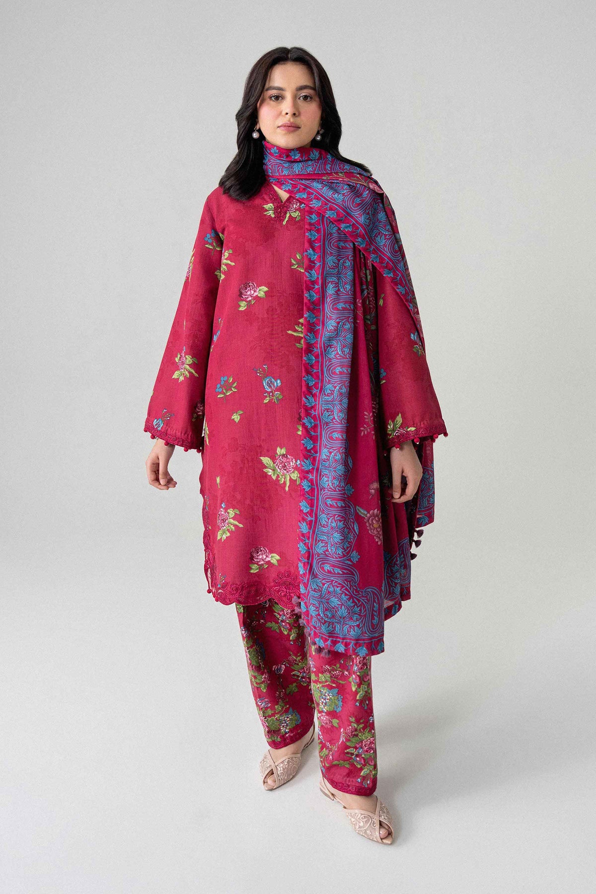 3-Piece Digital Printed Embroidered Suit in Khaddar unstitched