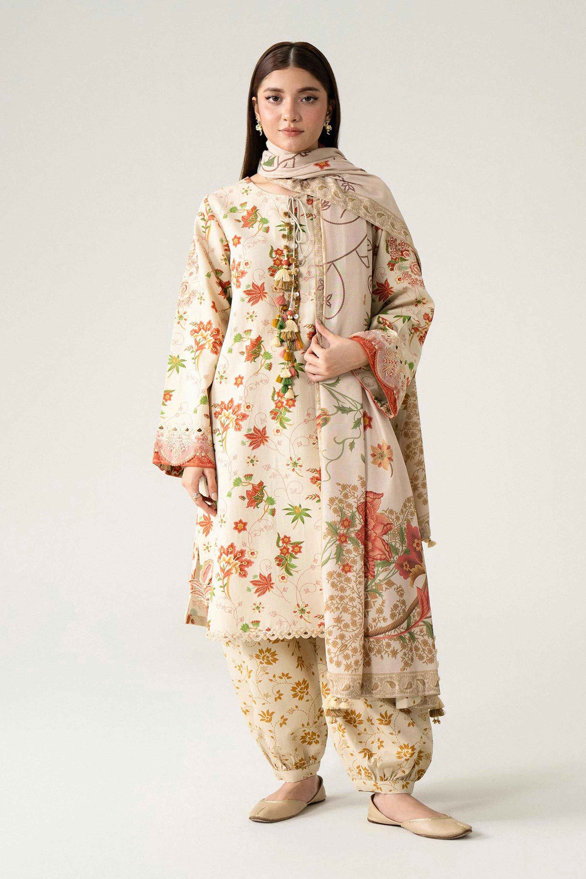 Beige 3-Piece Digital Printed Embroidered Suit in Khaddar unstitched
