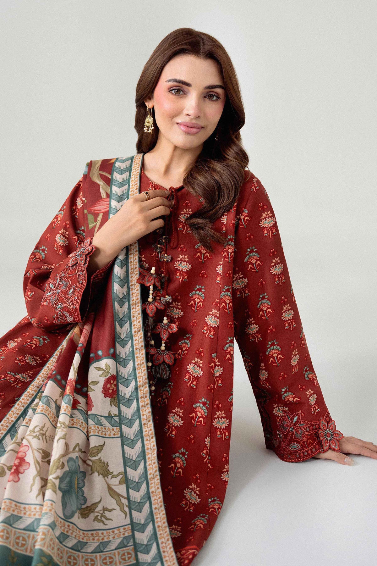 Maroon 3-Piece Digital Printed Embroidered Suit in Khaddar unstitched