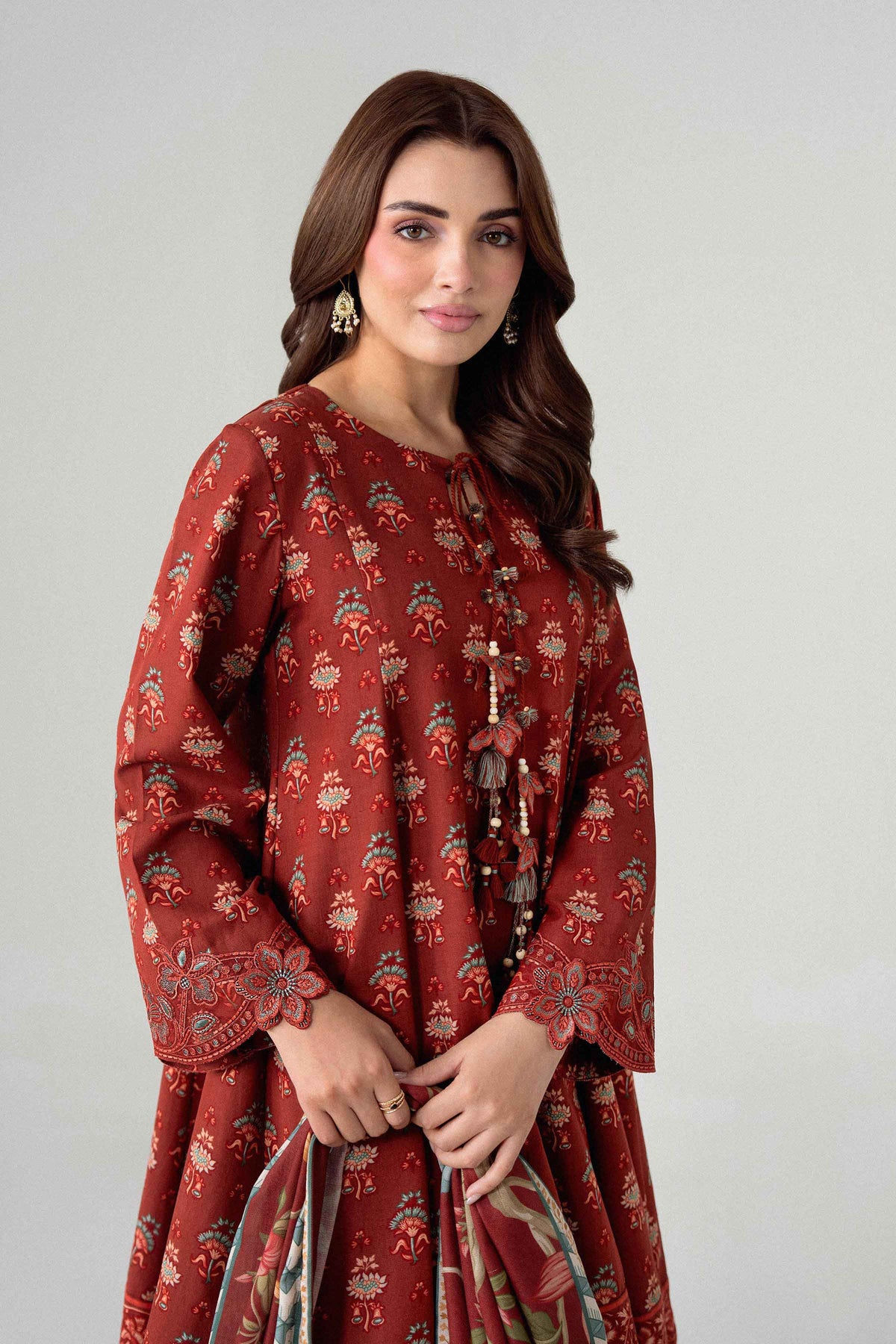 Maroon 3-Piece Digital Printed Embroidered Suit in Khaddar unstitched