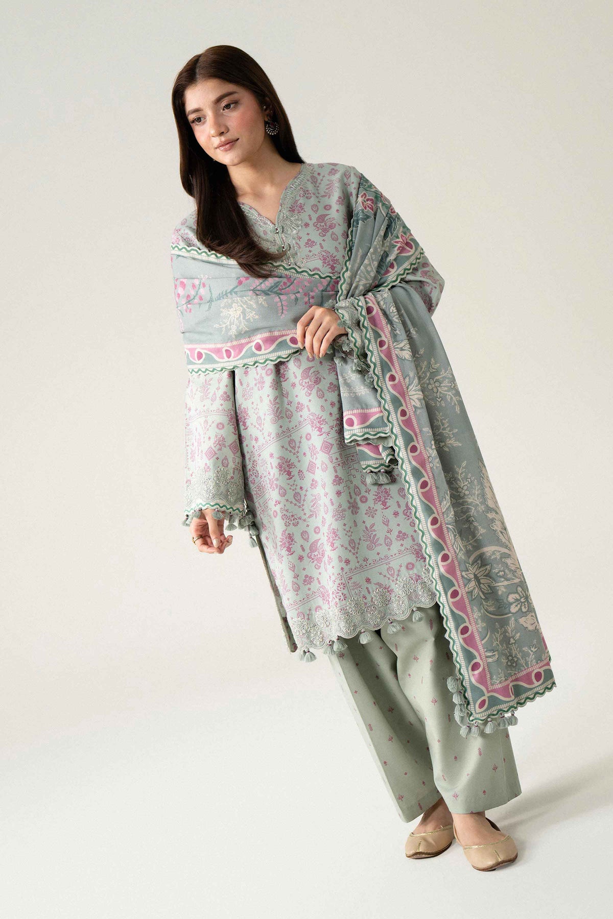 Green 3-Piece Digital Printed Embroidered Suit in Khaddar unstitched