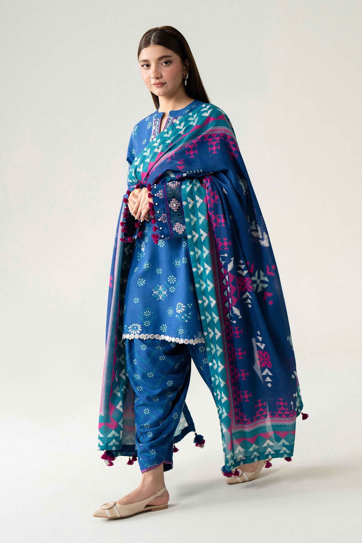Blue 3-Piece Printed Embroidered Suit in Khaddar unstitched
